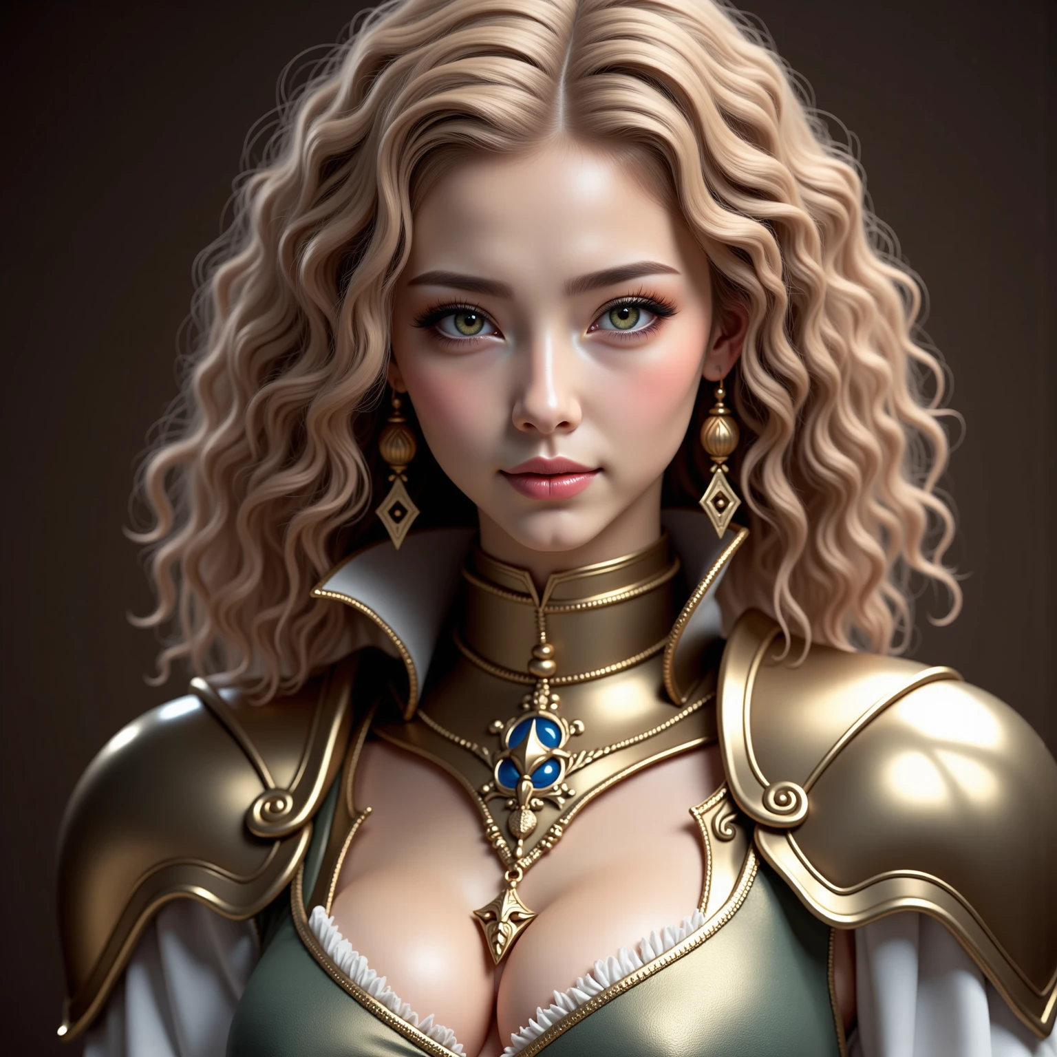 1 girl, masterpiece, top quality, 8k, fine skin texture, texture of cloth with attention to detail, beautiful detailed face, intricate details, Super Detail,  european girl, green eyes, Blonde Curly Hair】,  3D character ,  medieval knight 