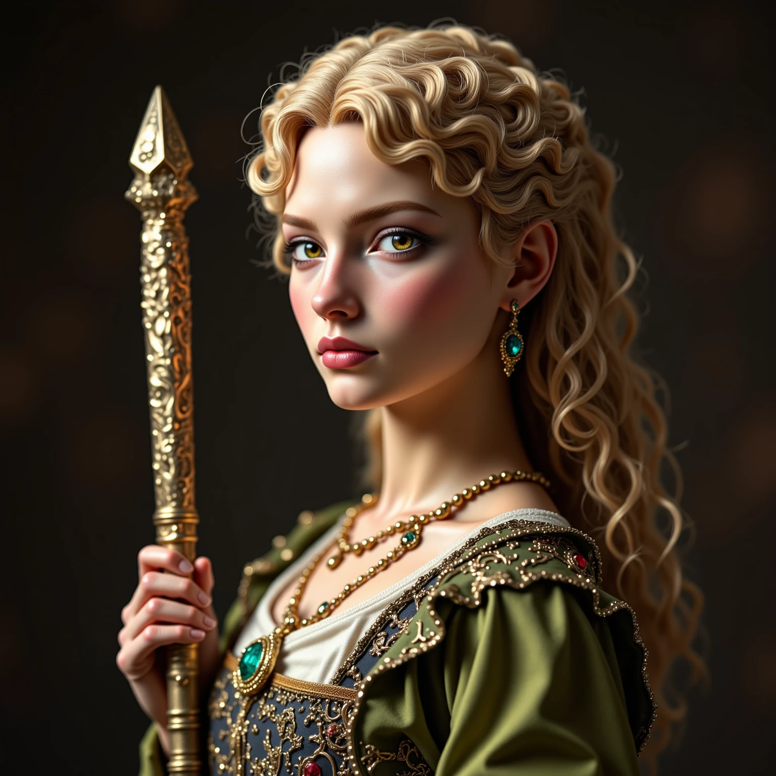 1 girl, masterpiece, top quality, 8k, fine skin texture, texture of cloth with attention to detail, beautiful detailed face, intricate details, Super Detail,  european girl, green eyes, Blonde Curly Hair】,  3D character ,  medieval knight 