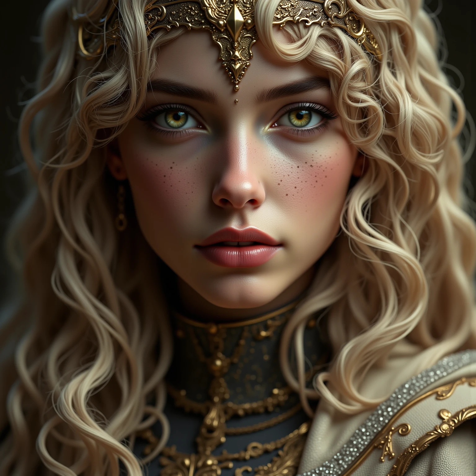 1 girl, masterpiece, top quality, 8k, fine skin texture, texture of cloth with attention to detail, beautiful detailed face, intricate details, Super Detail,  european girl, green eyes, Blonde Curly Hair】,  3D character ,  medieval knight 