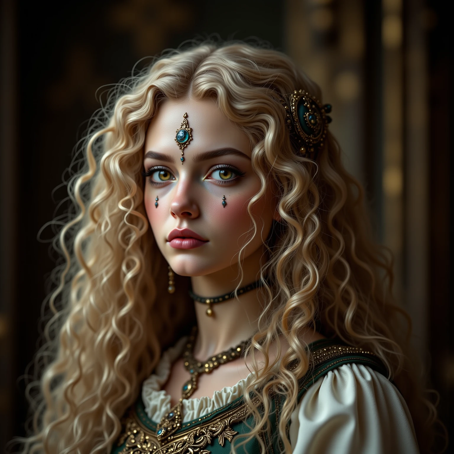 1 girl, masterpiece, top quality, 8k, fine skin texture, texture of cloth with attention to detail, beautiful detailed face, intricate details, Super Detail,  european girl, green eyes, Blonde Curly Hair】,  3D character ,  medieval knight 