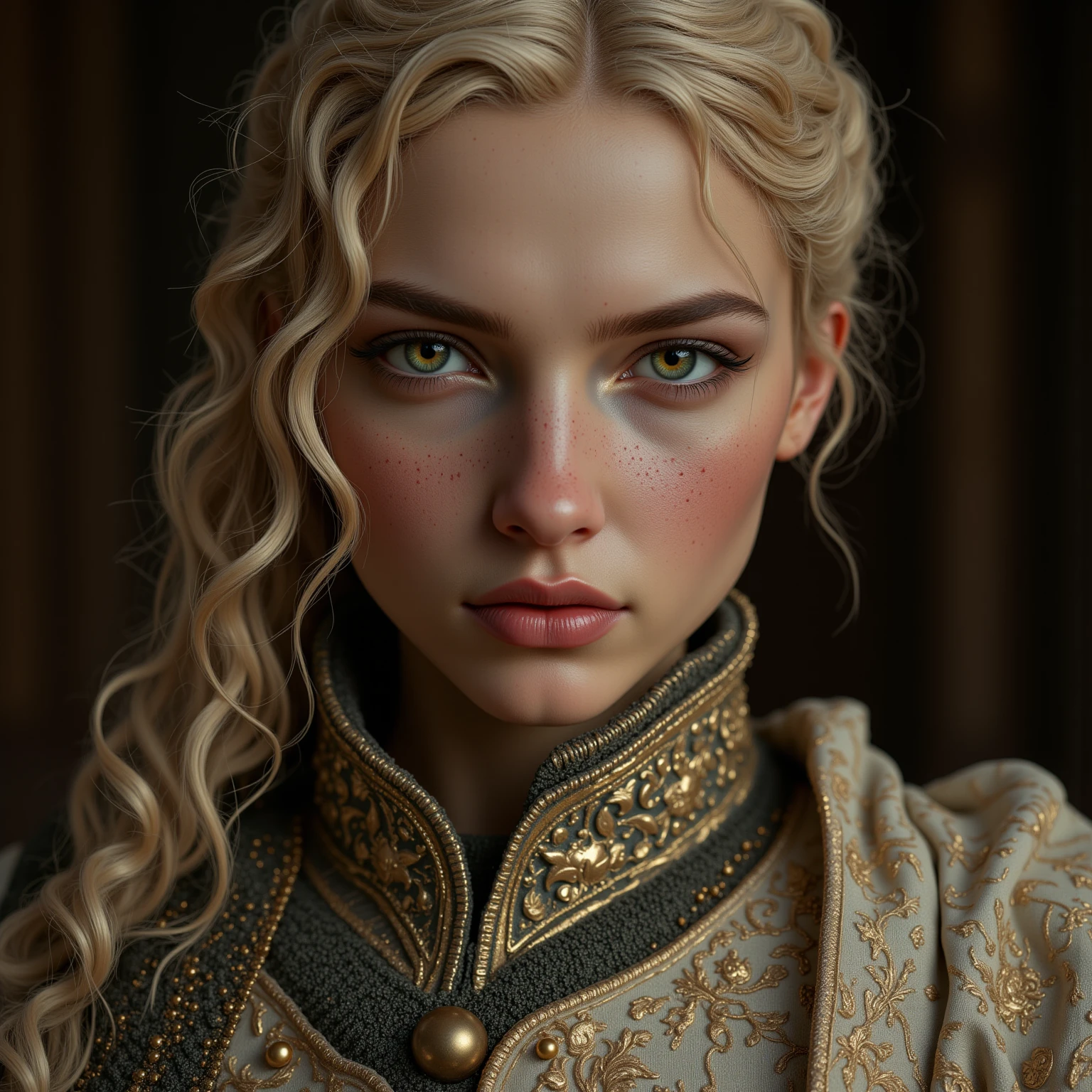 1 girl, masterpiece, top quality, 8k, fine skin texture, texture of cloth with attention to detail, beautiful detailed face, intricate details, Super Detail,  european girl, green eyes, Blonde Curly Hair】,  3D character ,  medieval knight 