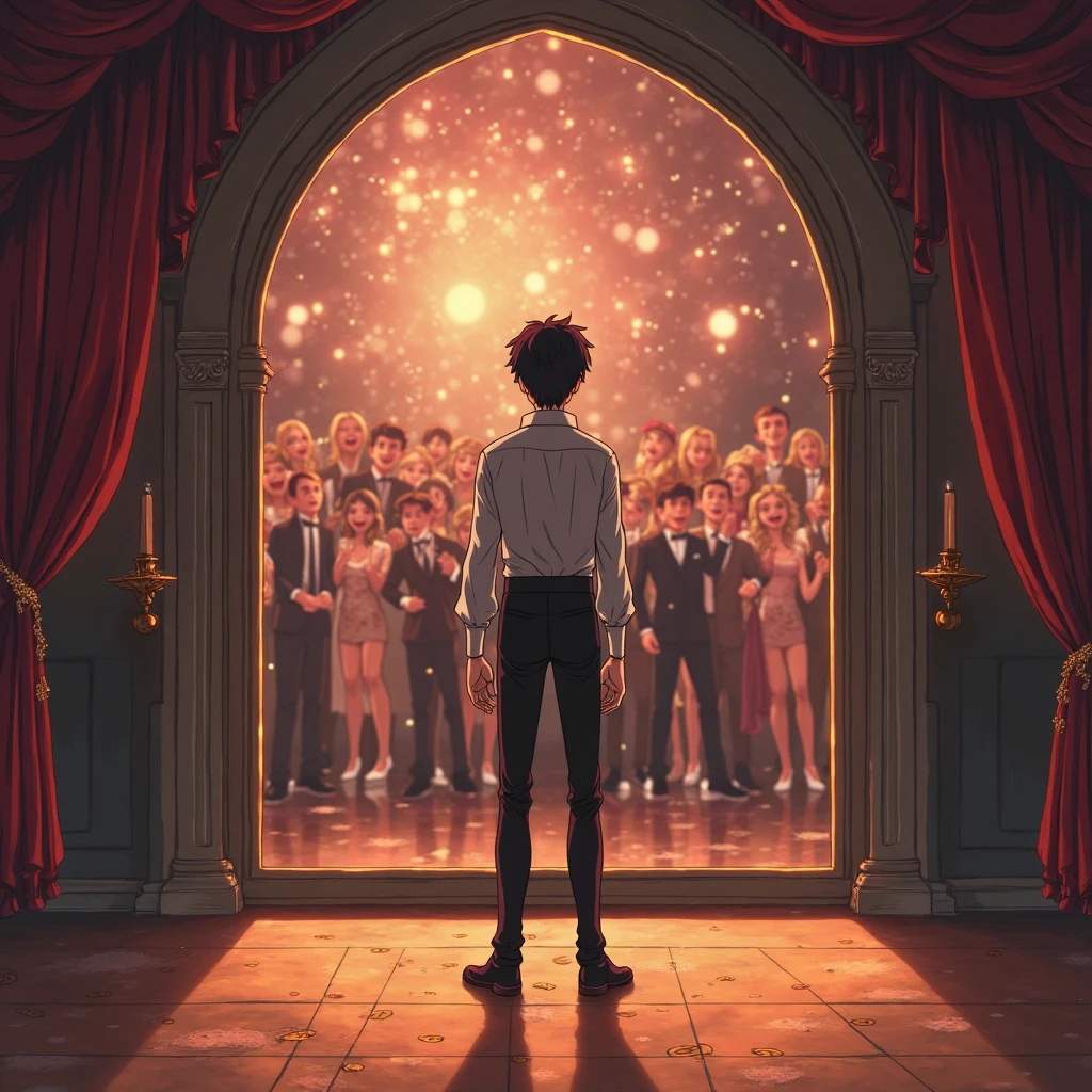 "Anime-style scene set in a luxurious hotel ballroom and adjacent dance studio. Edward, a calm but heartbroken young man, stands alone in front of a mirror in his dance studio outfit. Through a large window or screen, Felix is seen on stage at a grand birthday party, giving an emotional speech while Carrie stands beside him, gently wiping his tears, her hand on his waist. The scene looks like a wedding, not a birthday. Guests cheer and smile, some teasing them as a perfect couple. Mike, Edward’s friend, has just entered the studio holding his phone, shocked after watching the livestream. The whole image should radiate betrayal, tension, and bittersweet emotion, with expressive anime-style character designs and rich, dramatic lighting."

"Anime-style scene set in a luxurious hotel ballroom and adjacent dance studio. Edward, a calm but heartbroken young man, stands alone in front of a mirror in his dance studio outfit. Through a large window or screen, Felix is seen on stage at a grand birthday party, giving an emotional speech while Carrie stands beside him, gently wiping his tears, her hand on his waist. The scene looks like a wedding, not a birthday. Guests cheer and smile, some teasing them as a perfect couple. Mike, Edward’s friend, has just entered the studio holding his phone, shocked after watching the livestream. The whole image should radiate betrayal, tension, and bittersweet emotion, with expressive anime-style character designs and rich, dramatic lighting."


"Anime-style scene set in a luxurious hotel ballroom and adjacent dance studio. Edward, a calm but heartbroken young man, stands alone in front of a mirror in his dance studio outfit. Through a large window or screen, Felix is seen on stage at a grand birthday party, giving an emotional speech while Carrie stands beside him, gently wiping his tears, her hand on his waist. The scene looks like a wedding, not a birthday. Guests cheer and smile, some teasing them as a perfect couple. Mike, 












