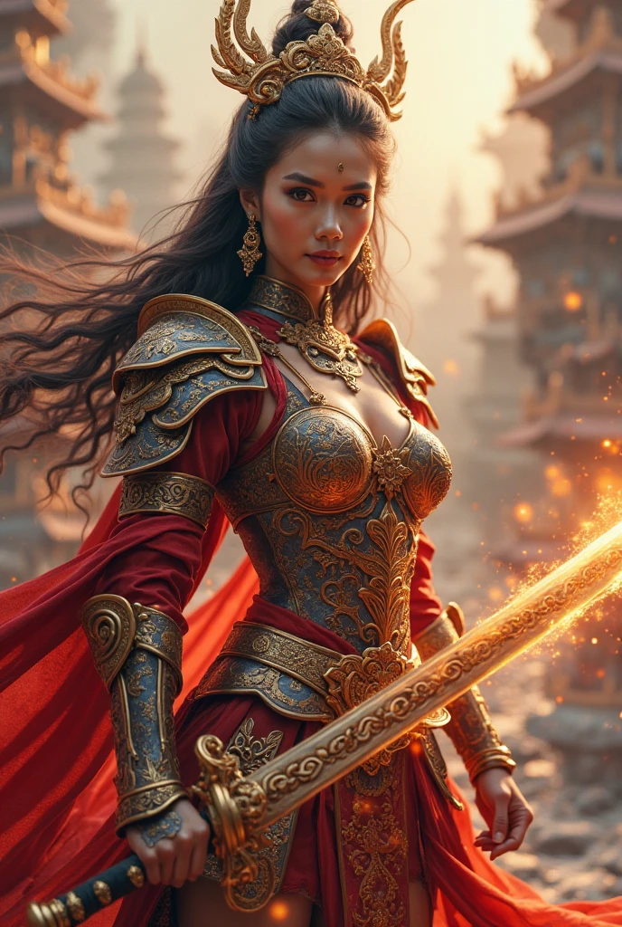 Ultra-realistic photo of a powerful big- fantasy beautiful Thai female full-armored heroine with long hair,evil sly smile,wearing highly detailed red and gold Royal-Thai pattern with metallic gold textures and weathered surface armored,  Royal Thai ornament hat, right hand holding a long gigantic royal Thai pattern-style glowing energy broad-sword , left fist to a camera ,cinematic lighting, sharp focus, shallow depth of field, high dynamic range, soft shadows, realistic materials, photo taken in a studio with fantasy heaven city background, 85mm lens, f/1.4, ISO 100, 8K photo