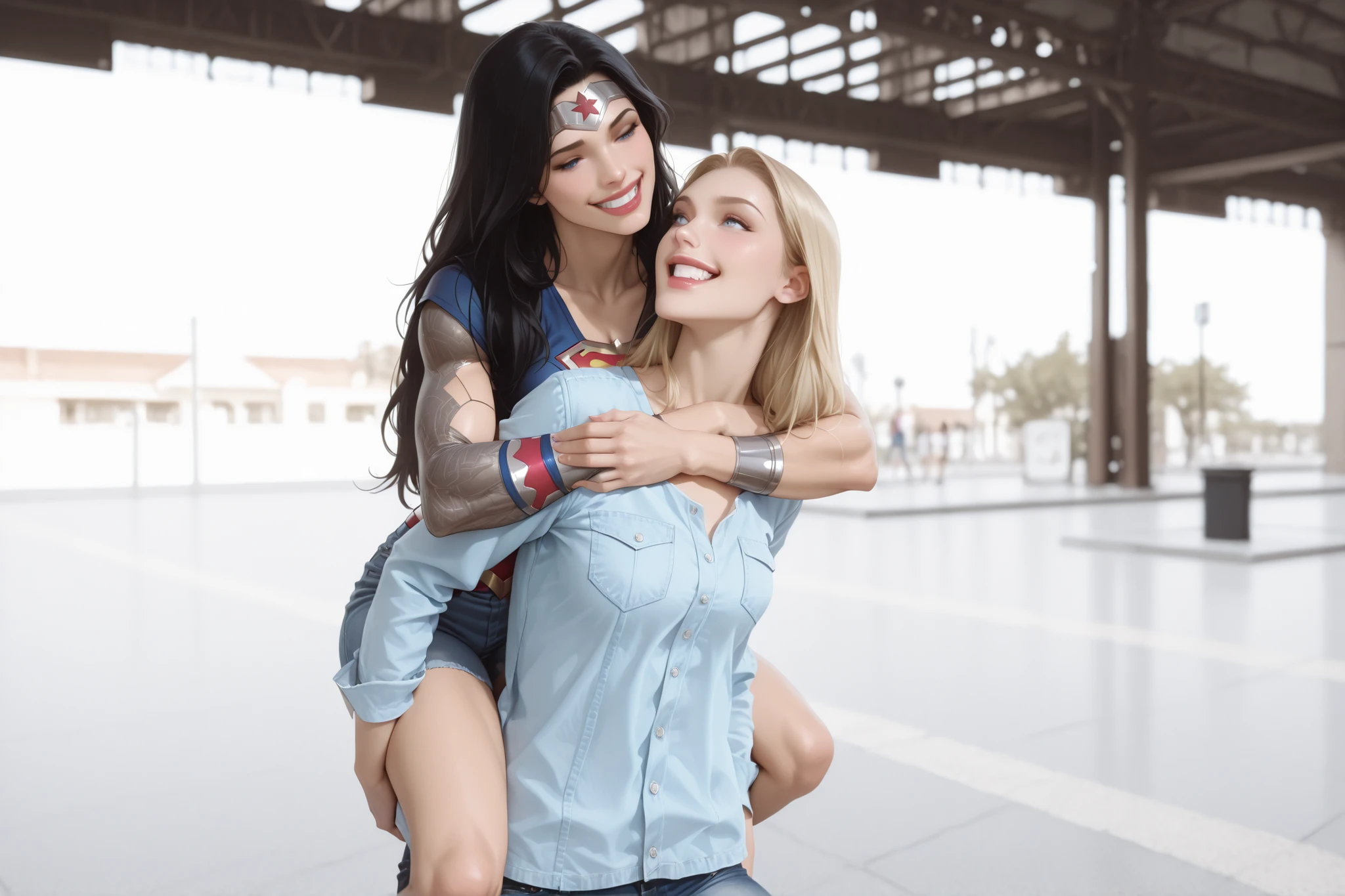 2girls, lesbian couple, wonder woman is enjoying piggyback ride on the back of her girlfriend supergirl, wonder woman is wearing green dotted short dress and supergirl is wearing a denim shirt and grey skinny jeans, both are happy, in a joyous mood, passionate scene, deeply in love, break, perfect anatomy, perfect eyes, perfect face, perfect hands, hot legs, sexy body, beautiful eyes, perfect lips