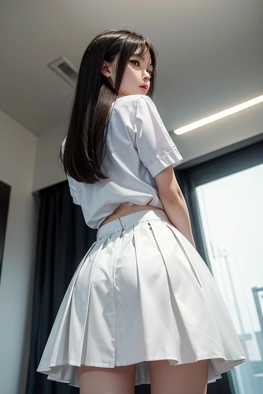 8k, real photo, two girls standing in a school changing room, ((white:1.5)) thin plain t-shirt with white pleated skirt, 14-year-old,bangs,a little smiles,thighs,knees,crotch,low ponytail,((Are standing,White panties are visible under her skirt,Lift the hem of your skirt slightly with both hands:1.5))
