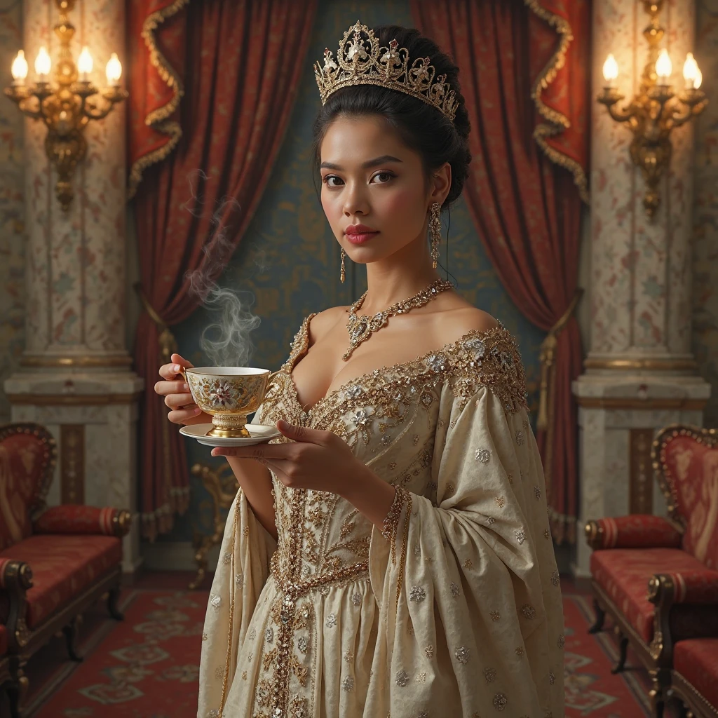 An ultra-realistic portrait of a regal queen standing alone in a grand, opulently decorated palace chamber. She wears an elegant royal gown embedded with gemstones and delicate embroidery, her posture graceful yet commanding. In her right hand, she delicately holds a fine porcelain teacup, from which soft heat waves and steam rise, curling gently into the air. Her eyes reflect both wisdom and strength, and the warm golden glow of chandeliers above casts subtle highlights across the ornate furniture and marble columns behind her. Rich velvet drapes frame the background, completing the serene and majestic atmosphere.