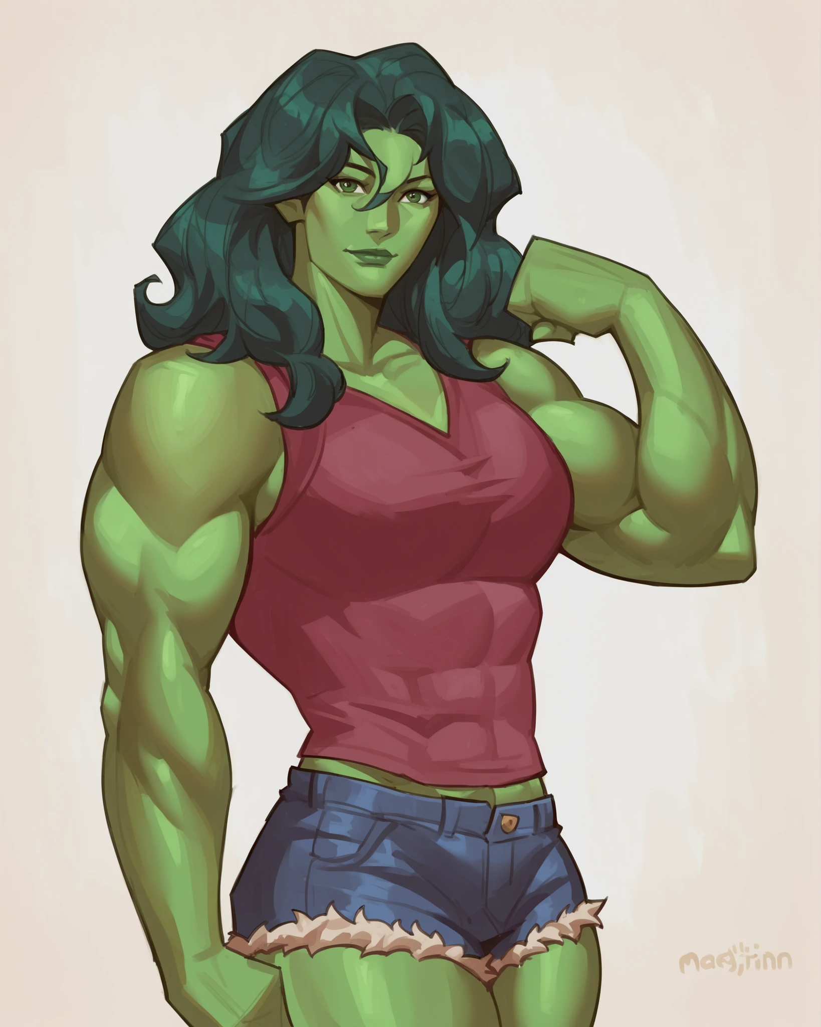 score_9, score_8_up, score_7_up, score_6_up, rating_questionable, , source_anime,
, hires, best quality, masterpiece, 1girl, detail, intricate, portrait,facing viewer, flexing, muscular female, short shorts, tank top, looking at viewer, m4rjinn, 30 years female, shulk.