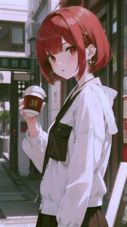 (masterpiece, Best Quality, ultra-detailed, high resolution, extremely detailed CG, official art, Professional Lighting, Perfect Anatomy, anime colors), (from below), looking at viewer, cowboy shot, perfect body, 24yo beautiful 1girl, medium hips, glamorous body,a small face,beautiful-makeup,Makeup light,Shortcut Hair,dark brown hair、Bust b Cup, Amazing Cleavage, thin waist, big ass, Raised sexy, big breast: 1.2 posed cleavage:1.2, (off shoulders,Sportsbra,legginullnude), micro denim shorts, bare legs, nail_polish, pale skin, Waiting friend, (morning:1.5), tokyo, (convenience store:1.3), outdoor, (depth of field:1.3), contrapposto, (Hold a coffee in your hand:1.3),delicate beautiful face, Bright magenta eyes, cute eyes, sparkling eyes, Big eyes, (big breasts:1.3), (perky chest:1.1), (pointed chest:1.3), looking at viewer,