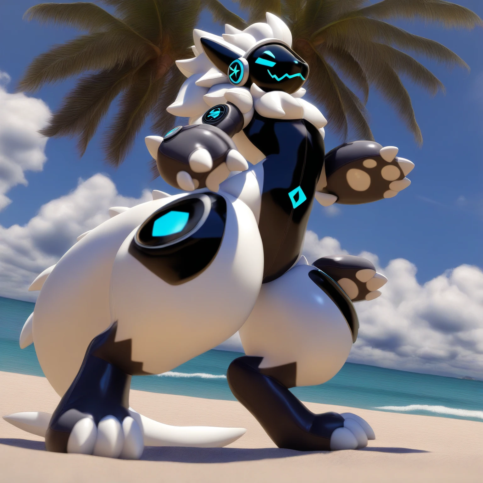(plinflatable:1.1), (protogen:1.0), low angle view, (standing:1.1), (realistic:1.1), (matte:1.1), smile, closed mouth, beach, score_9, (valve on belly:1.1), (thick thighs:0.8), solo, toy proportions
