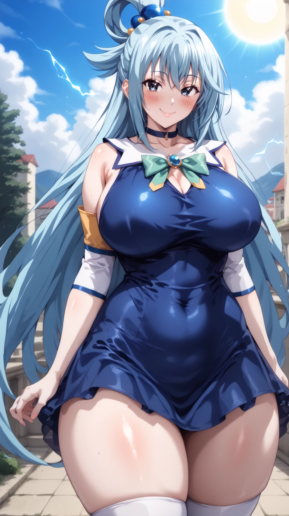 Venus body, a girl, lonely, big breasts, hips, wide hips, thick thighs, high thighs, smile, blush, choker,,,,,,,,,,,,pale skin, blush, big breasts, curvy, groin, transparent, kinky face, big thighs, strong breasts,,,,,,,,,,,Venus body, a girl, lonely, big breasts, hips, wide hips, thick thighs, high thighs, blush, choker, big breasts, big thighs,,,,,,,,,,,,,,(outdoors, sky, clouds, sun, looking at viewer, arrogant smile, absurdity, energy, aura, electricity,,,,,,,,,,Aqua, aquaSDXL, aqua (konosuba), long hair, blue eyes, blue hair, hair ornament, blue dress, white elbow pads, white thighs