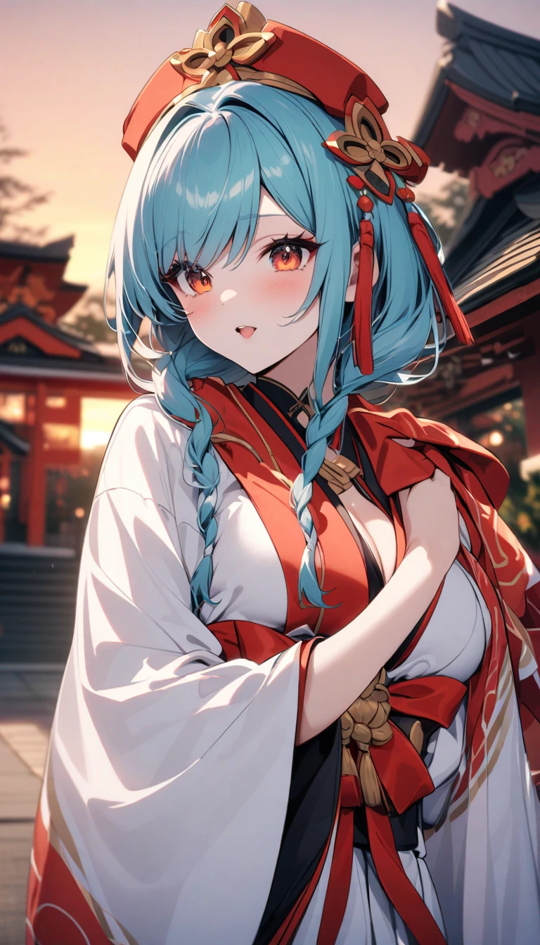 Ultra-detailed 8K image: Sakurana, a 22-year-old woman, stands resolutely in the heart of a desolate scene, clad in a meticulously crafted white and red ninja attire that seamlessly blends futuristic and traditional Japanese elements. Her short, vibrant blue hair, adorned with intricately designed accessories, cascades over her shoulder, the bangs shrouding her right eye. Her pupils, a captivating golden hue, lock eyes with the viewer, radiating a profound sense of resolve and strength.
The stage is set in the ruins of an ancient Japanese dwelling, engulfed in
