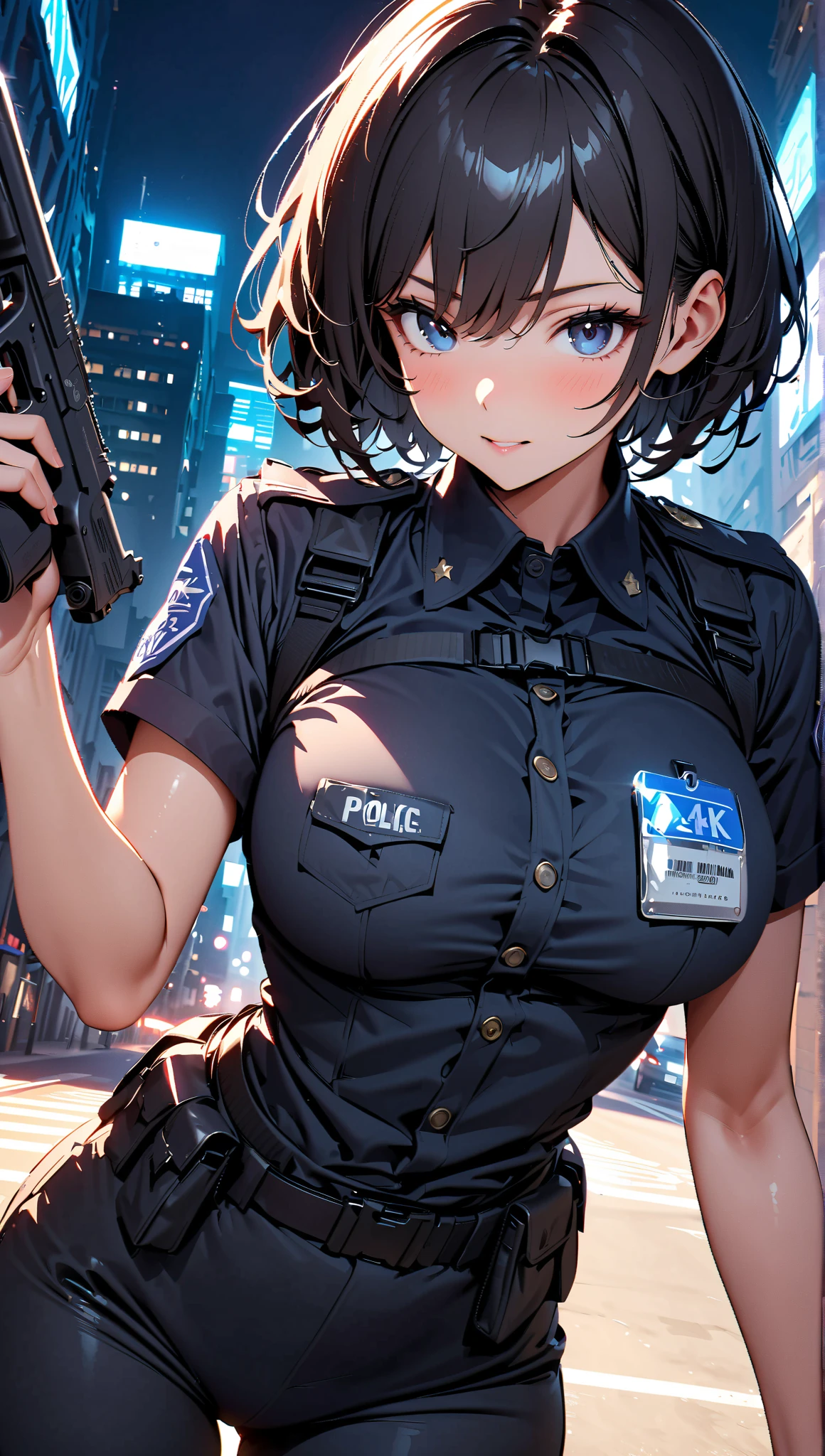 ((best quality, 8k, masterpiece: 1.3)), sharp: 1.2, Perfect body beauty: 1.4, Slim abdominal muscles: 1.2, ((short Hairstyle, Large Breasts: 1.2)),  White  Long Shirt: 1.1), (Bulletproof police car, street: 1.2), wet: 1.5, Highly detailed face and skin texture, Delicate eyes, Double eyelids, Look sideways at the camera, White police uniform, tall and big, Army insignia, bulletproof vest, Intercom, Female soldier aiming pistol at camera, Armed at all points, Black leather pants, Special Forces, big hoops earrings ,deep cleavage ,blue eyes,