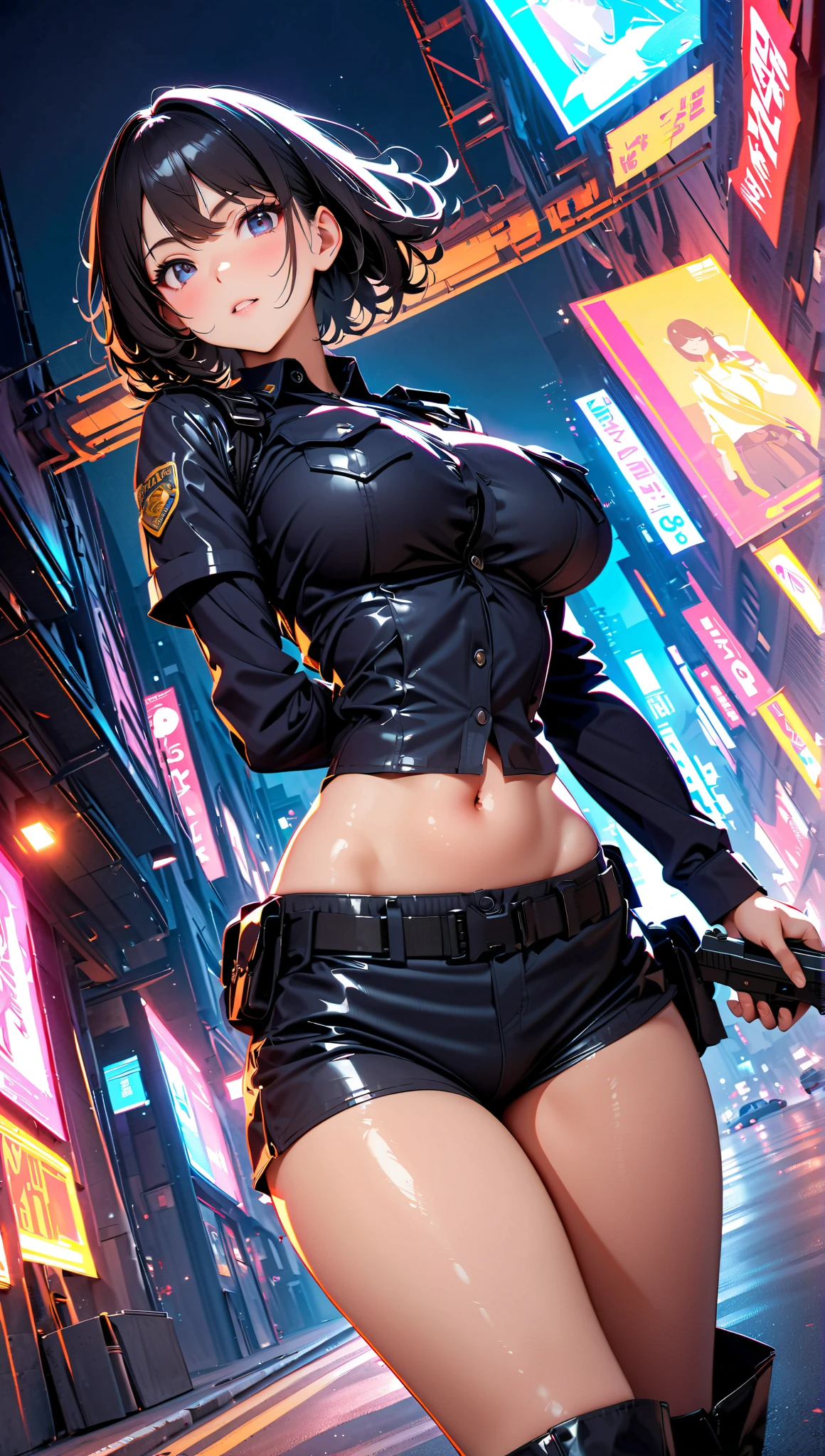 (anime style), ((mature female)),policewoman, black belt, open clothing, leather jacket, large breasts, mature, short brown hair, police badge, lether straps on breasts, large rifle, gun, in city, thigh highs, black leather boots, suggestive pose, highleg, highleg thong, standing in street, at night, bare breasts, clad clothing, underboob, sideboob, cleavage , police uniform, baseball cap, headset, large breasts, underboob, ((lowleg thong)), ((skindentation)), pulling panties down, exposed pussy, dripping pussy juice, <lora:pantypull:0.3>