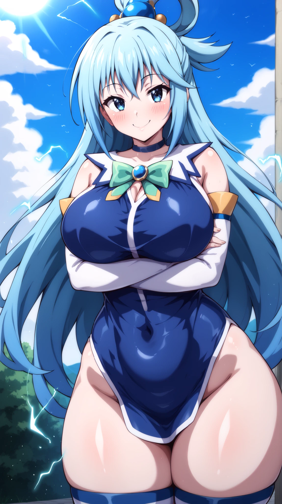 agua \(konosuba\), estilo mksks, {Obra maestra}, alta calidad, 1 chica, blue eyes, calzado azul, pelaje azul, blue muslos, rubor, botas, Pechos, Burbuja, mangas separadas, adorno para el pelo, anillos para el cabello, leg up, ancho, Mirando al espectador, medium Pechos, mano abierta, Unique hair ring, falda, sonrisa, solo, de pie, de pie en una pierna, botas hasta el muslo, muslos, very ancho, agua, white muslos, kono subarashii sekai ni shukufuku wo!, enormes tetas, enormes tetas, gigantes tetas, gigantes tetas, enormes tetas