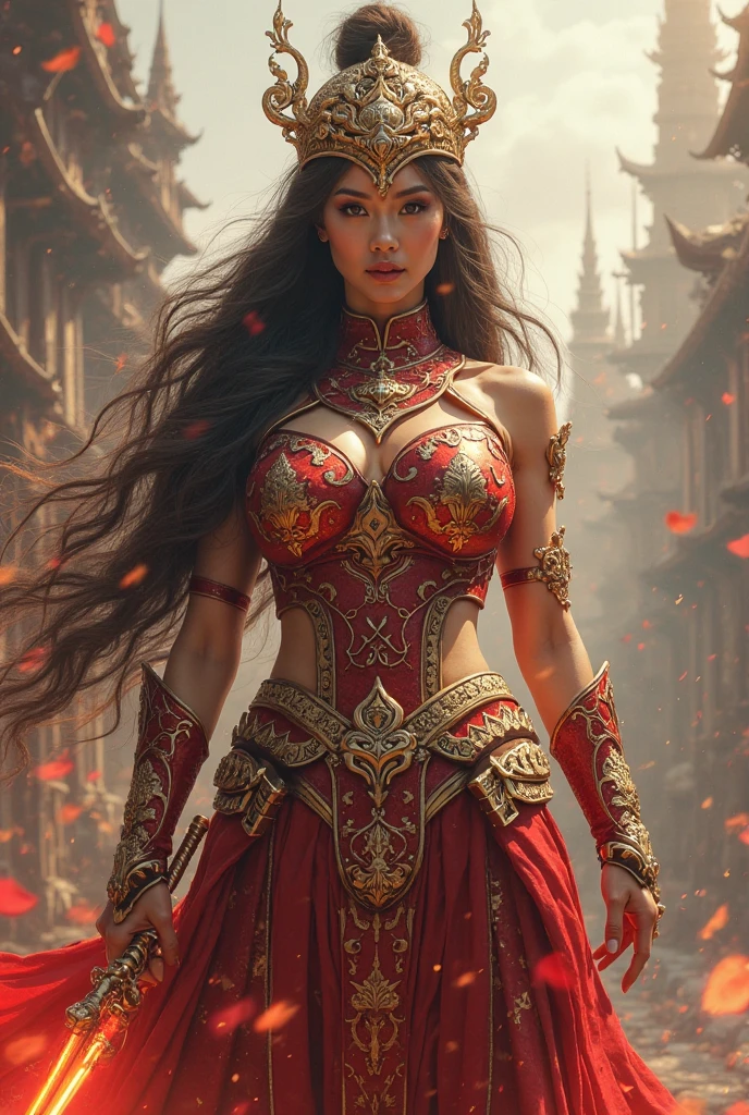 Ultra-realistic photo of a powerful big-breast fantasy beautiful Thai female full-armored heroine with long hair,evil sly smile,wearing highly detailed red and gold Royal-Thai pattern with metallic gold textures and weathered surface armored, ** Royal Thai ornament hat**, right hand holding a long gigantic royal Thai pattern-style glowing energy broad-sword , left fist to a camera ,cinematic lighting, sharp focus, shallow depth of field, high dynamic range, soft shadows, realistic materials, photo taken in a studio with fantasy heaven city background, 85mm lens, f/1.4, ISO 100, 8K photo