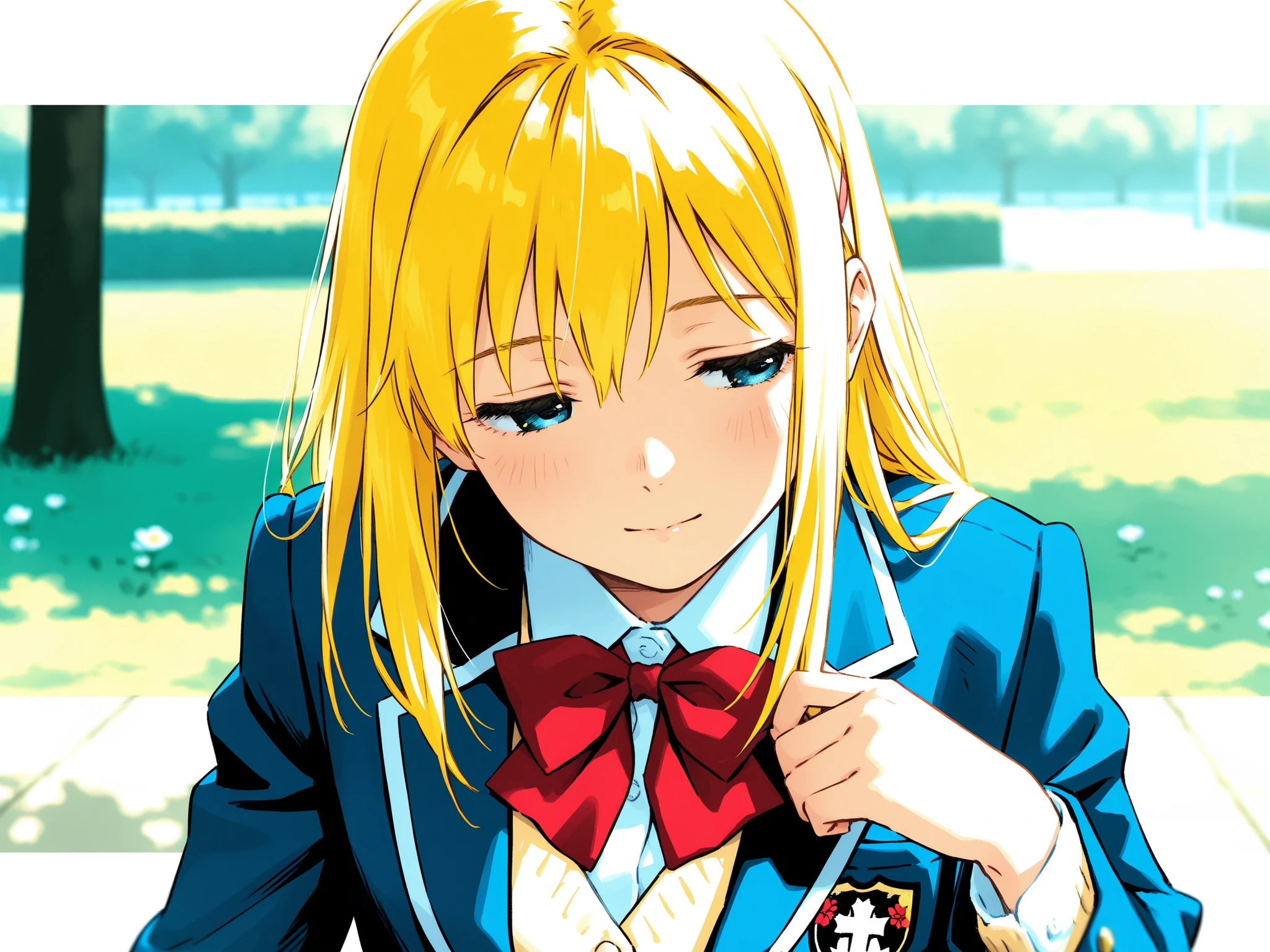 high school girl, blazer uniform, ribbon ties, School emblem, Gentle Breeze, Peaceful sunshine, The scent of flowers,