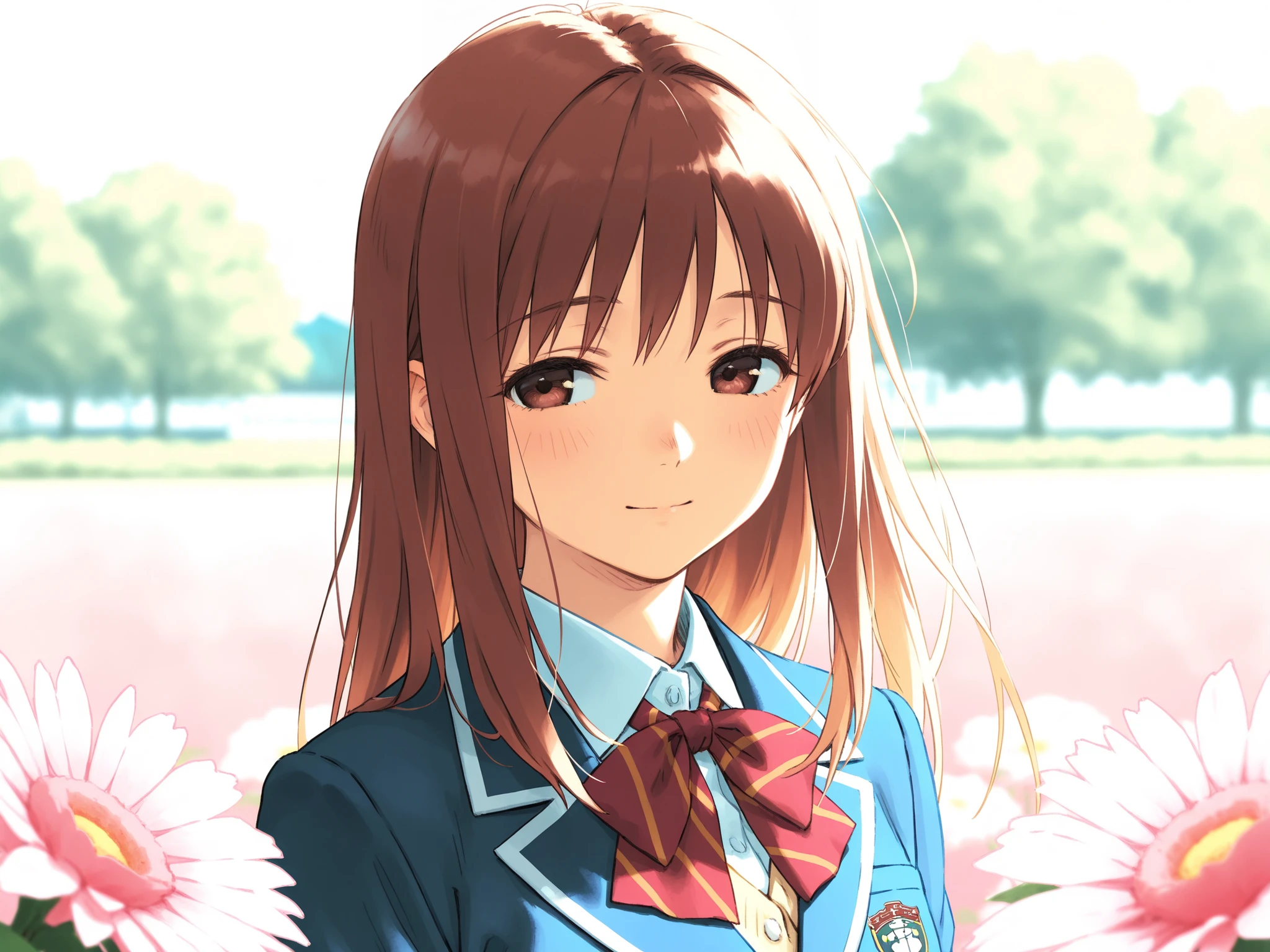 high school girl, blazer uniform, ribbon ties, School emblem, Gentle Breeze, Peaceful sunshine, The scent of flowers,