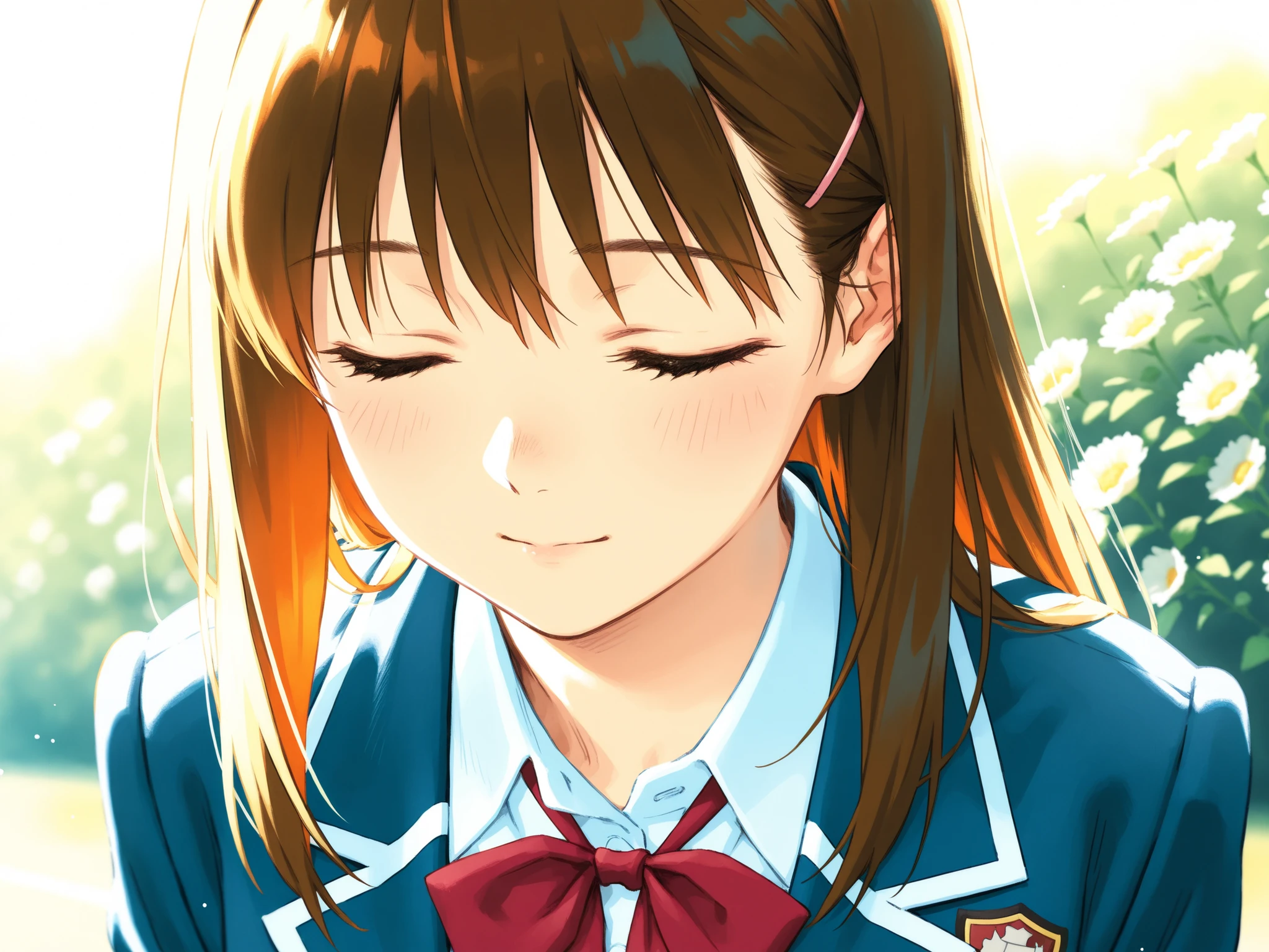 high school girl, blazer uniform, ribbon ties, School emblem, Gentle Breeze, Peaceful sunshine, The scent of flowers,