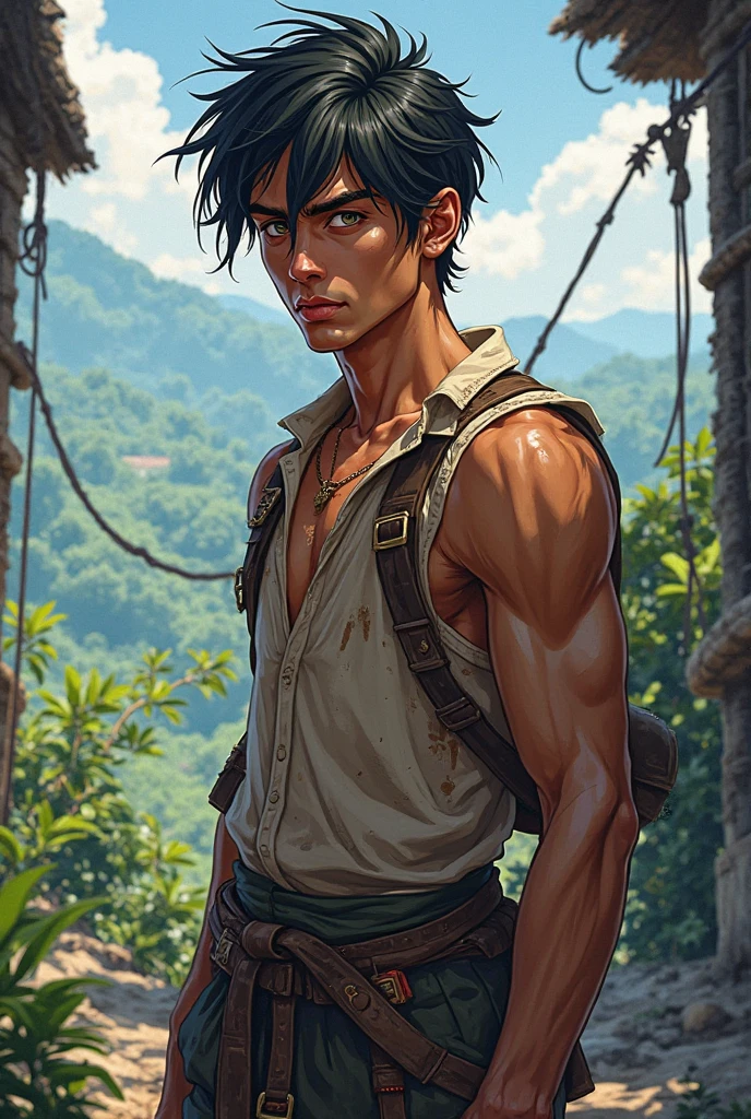 In the ruins of the barren rainforest, an explorer looks up in the ruins, young male, brown skin, the sun is warm, because it is too hot to take off his coat, white shirt drenched, wet, briefs, bandage panties, expression solemn and serious