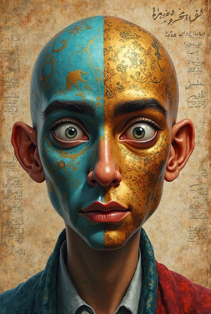 A satirical animated painting of a person wearing changing masks, each mask represents a part of Arab physiognomy (phrenology): a detailed nose mask, a symbolic mouth mask, an ear mask with intricate patterns, and a forehead mask with Arabic calligraphy. The eyes remain uncovered — highlighted with realistic tears and reflections to show honesty. The style is a mix of digital caricature and watercolor painting, with vibrant colors (gold, turquoise, deep red), glossy textures, and exaggerated facial features. The background has an old paper texture with faded Arabic manuscripts. Dramatic lighting, hyper-detailed, 8k resolution, cinematic atmosphere.