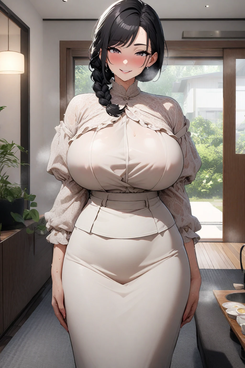 ((masterpiece)), ((highest quality)), (Super detailed), Absurd, Highly detailed CG Unity 8k wallpaper, Official Art, Accurately depict shapes, Beautiful Face, Expressive eyes, View Viewer, alone, close, scenery, Anime screenshots, indoor,, Dramatic lighting, Are standing, Captivating smile, One girl, (Mature Woman, older, Huge breasts:1.4), Mature Woman, maternal, Wide Hips, Curvy, Glasses, Tight maxi dress、 lips, High resolution、