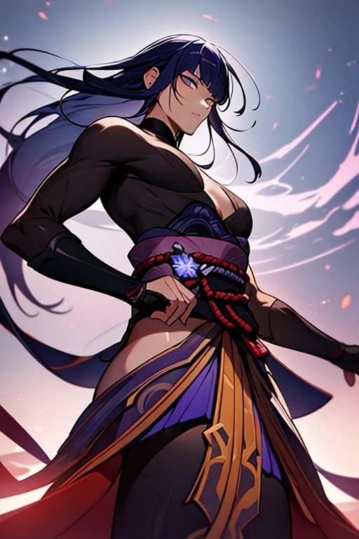 ((solo)), (super detailed), night sky, desert, black hair, ponytail, long hair, tied hair, hair sticks, dark blue eyes, scoff, prideful, white coat, black kimono, open coat, ((cleavage)), displayed cleavage, wearing red ropes, shibani, medium breasts, adult, mature woman
