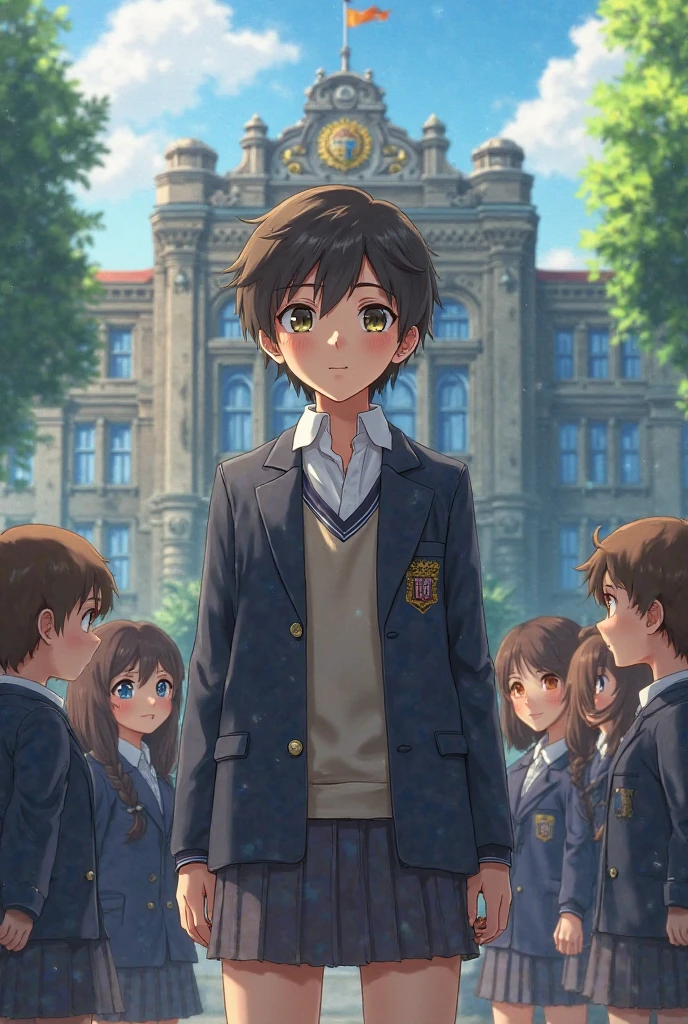 ren standing in front of school with other pupils 