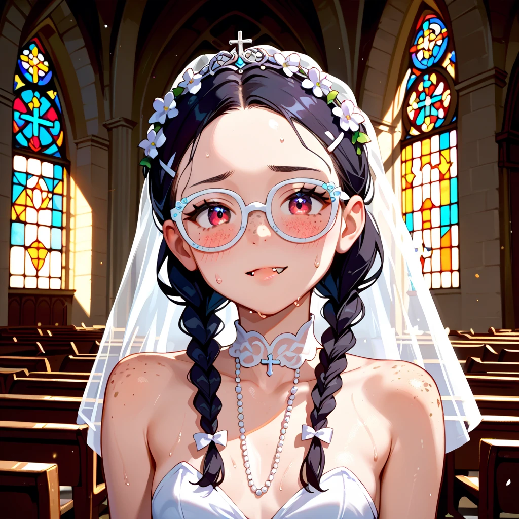 (nsfw),(super fine illustration,8K CG wallpaper,best quality,extremely detailed,ultra high res,best aesthetic),(cowboy shot,from front),1girl ,idolmaster, ((yukimi sajou)), (,beautiful girl),((((beautiful dark orange eyes)))),(((beautiful dark blue hair))), (((midium straight hair)))),(((Blunt bangs))),(wet skin),(sweat),(steam),((flat chests,very small breasts)),((mini)),(petit)),(gorgeous wedding dress:1.5),(wedding veil, white corset, white lace legwear, nipple, white wedding grove:1.3), ,(open clothes),(wet clothes),(first round),half-closed eyes, orgasm face, O-face, blush cheeks, arched back, (vaginal penis:1.2), (a Faceless male), ,(((carrying sex))),hetero, man in below, (intense Sex:1.7), (cum out:1.2),(red carpet),(((multiple boys, peeing on a girl,multiple penises, gangbang, holding penis))),((ecstasy torogao, saliva trail, nose blush,one eye closed,out tongue)),cleavage of the breast,happy,((smile:1.9),((cum on body:1.9)),((cum on face:1.9)),((cum on hair:1.9)),(Bukkake, cum in mouths:1.3),(vulgarity),((wedding chapel:1.5)), (indoor, church, many stained glass window),look at viewer,
