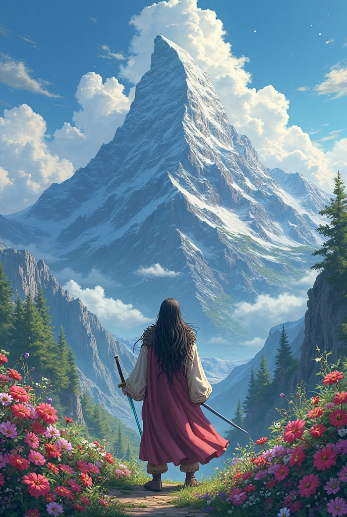 Make a bookcover with a man in a long hair with warrior outfit facing a mountain while holding a sword with a garden of flowers surrounding him, make it an anime version, put the title "How To Make A Villain" and put the author's name under the title "Penofanne"