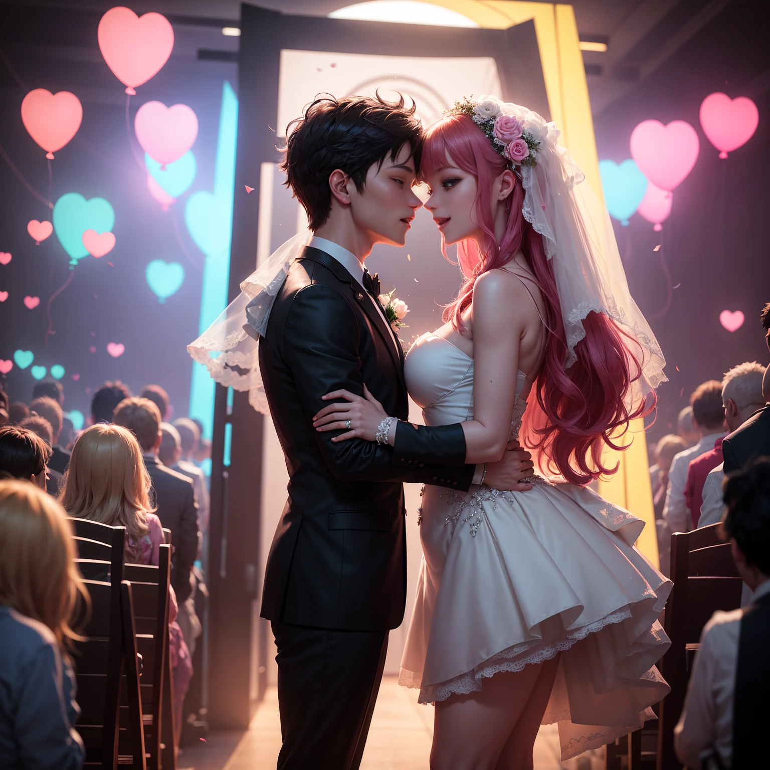 Create a 2.5D anime-style wedding ceremony in the Metaverse, where the bride and groom avatars exchange vows in front of a glowing, digital altar surrounded by floating heart-shaped balloons and interactive holographic lights. The scene is filled with playful confetti, neon glow effects, and magical flower petals gently floating around the couple, creating a vibrant, cheerful environment.