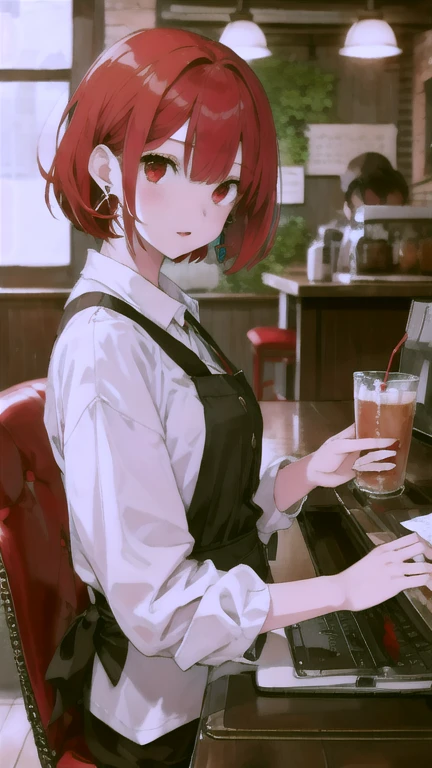 short hair, Red eyes,tie, girl,One person, Collared shirt, White shirt, Short sleeve, Pleated skirt, student, Highest quality, masterpiece, High resolution, summer,Playing the bongos、