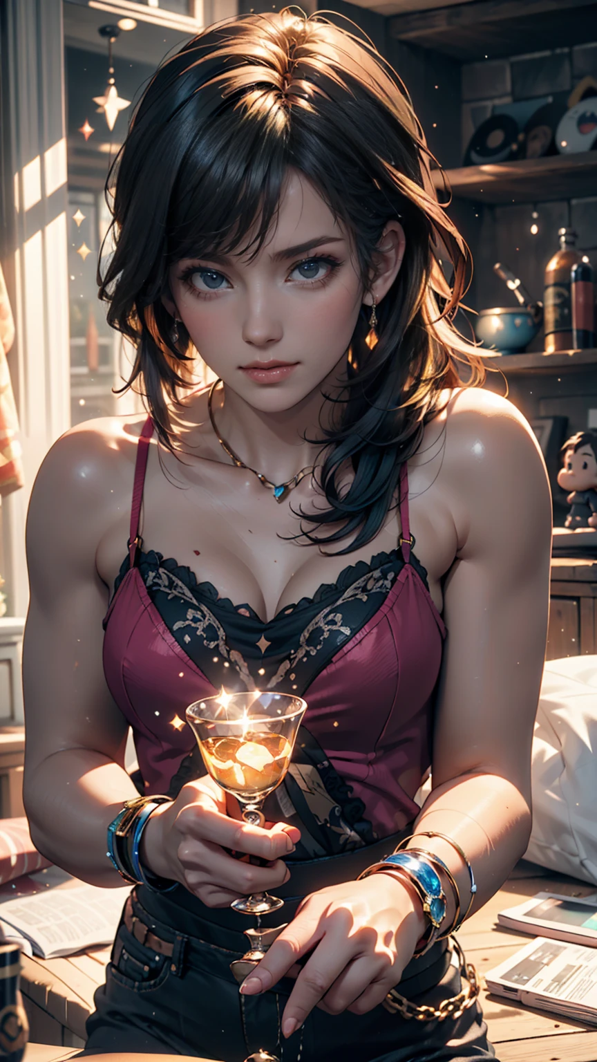 ((最high quality, 8K, masterpiece: 1.3, Ultra HD, high quality, 最high quality, High resolution, realism)) 、25-year-old Caucasian female、blue eyes、long hair、smile、slender、slenderだがアスリートのような細マッチョ、I want my head to stay off screen、Wear accessories on your wrist、Wearing red nail polish、I have a peticure、aerial perspective((atmospheric perspective))、smile((smiley))、background blur((depth of field)、crystal earrings((crystal earrings))、Dark Blonde、Multi-Thai Hair((multi-tied hair))、Delphos dress((delphos dress))wear、Wear stiletto heels、At a party in a fancy hotel、Holding a cocktail glass