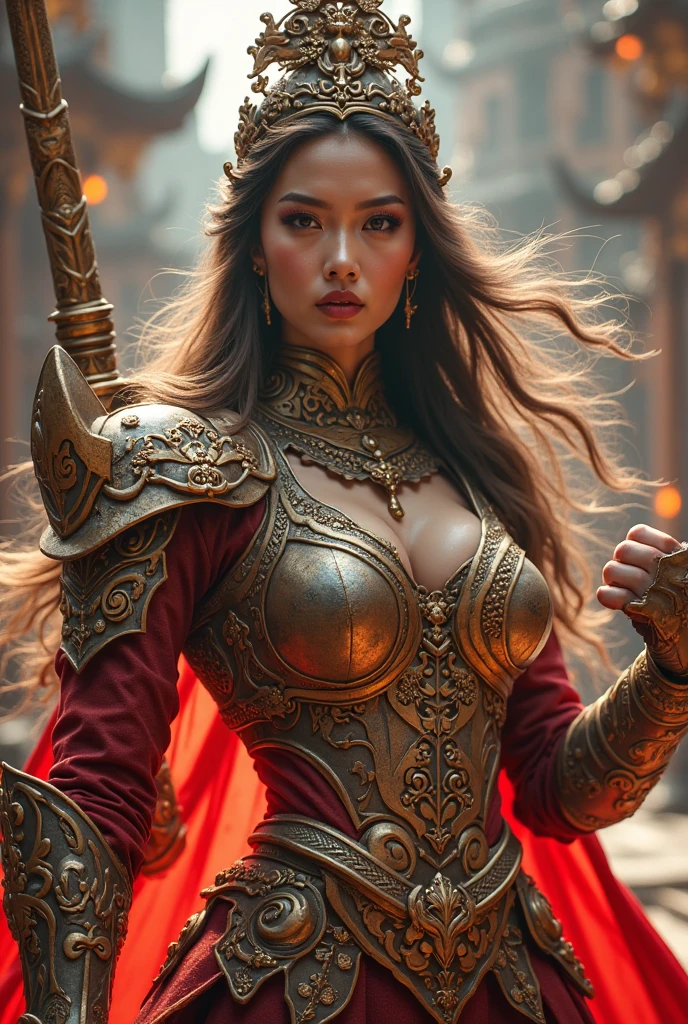 Ultra-realistic photo of a powerful big-breast fantasy beautiful Thai female full-armored mage with long hair,evil sly smile,wearing highly detailed red and gold Royal-Thai pattern with metallic gold textures and weathered surface armored, ** ancient Thai warrior hat**, right hand holding a long gigantic royal Thai pattern-style glowing energy broad-sword , left fist to a camera ,cinematic lighting, sharp focus, shallow depth of field, high dynamic range, soft shadows, realistic materials, photo taken in a studio with fantasy heaven city background, 85mm lens, f/1.4, ISO 100, 8K photo