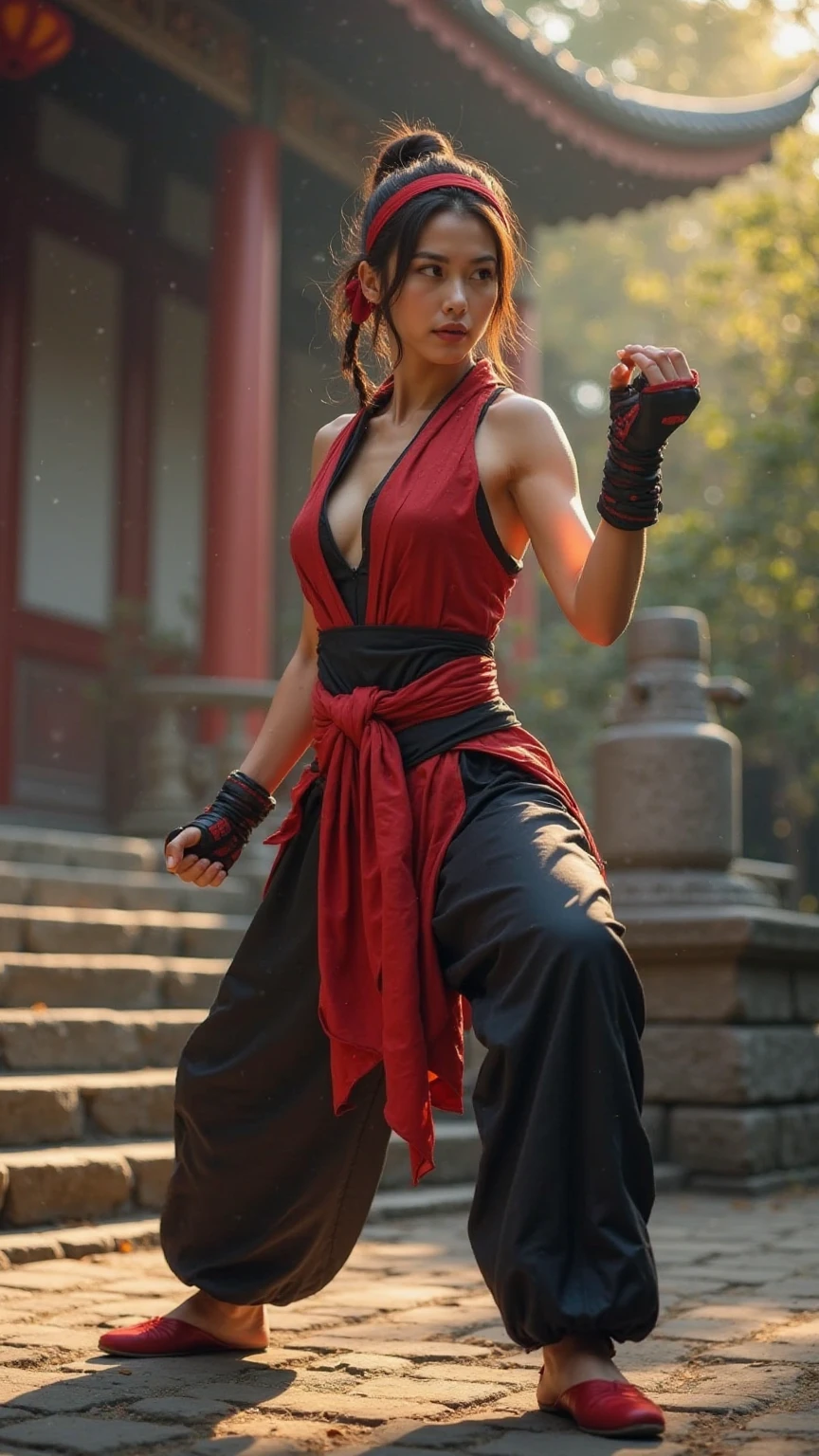 Ultra-realistic and ultra-detailed cosplay of a stunningly beautiful woman dressed as Liu Kang from Mortal Kombat. She is wearing Liu Kang's full outfit, including his iconic red headband, black martial arts pants, red sash, and arm guards. Her hair is styled to match Liu Kang's traditional look. She is posed in a dynamic martial arts fighting stance, exuding power and determination. The background is the outside of a Shaolin temple, with stone steps, ancient architecture, and soft sunlight filtering through the trees. The image is in ultra high resolution, with cinematic lighting and dramatic shadows, capturing every detail of the costume and environment."