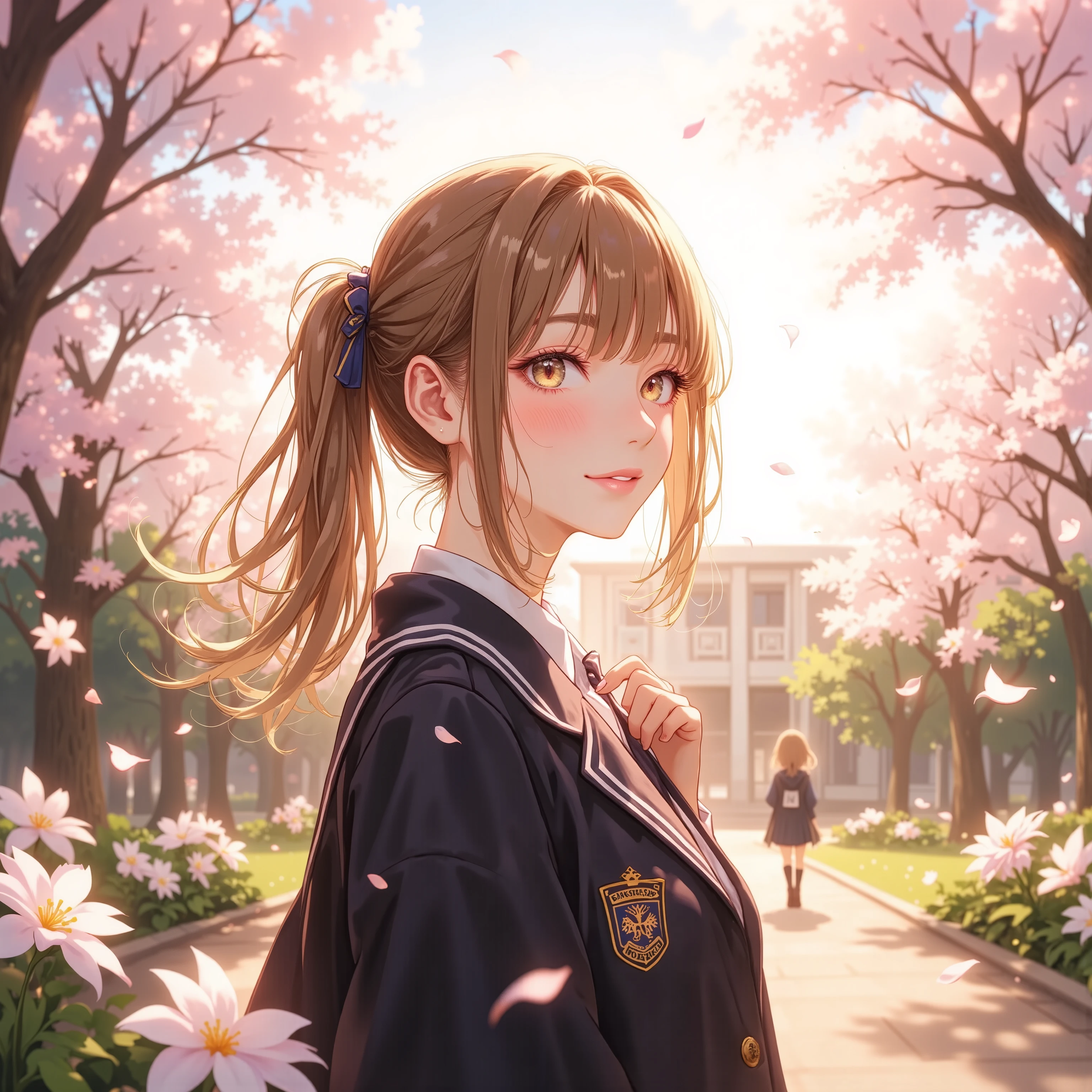 high school girl, blazer uniform, ribbon ties, School emblem,  Gentle Breeze, Peaceful sunshine,  The scent of flowers, 