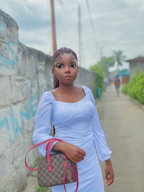 There's a woman on the street with a cell phone, taken in the early 2020s, ela tem cerca de 1 6 anos de idade, adolescente negra,muito Linda, criar no estilo filme da Disney pixar, imagem ultra realista . Estilo Pixar