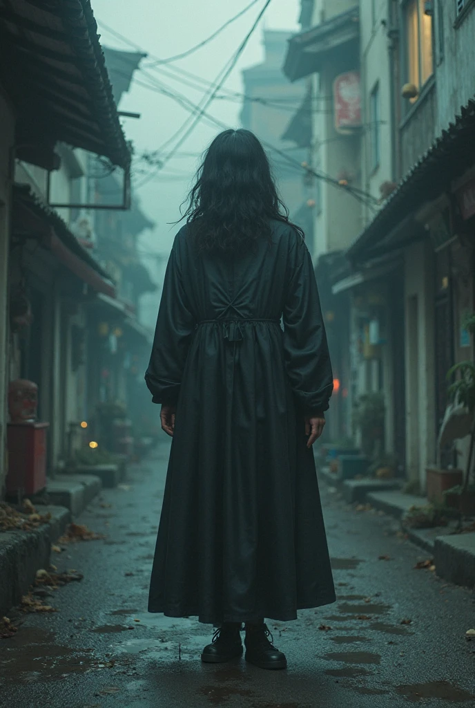 In an old, narrow alley illuminated only by red lanterns, a mysterious figure draped in a black robe and wearing a white, expressionless mask walks slowly. The night is dark, with the red lanterns casting eerie shadows and creating a tense, foreboding atmosphere. The camera captures a close-up of the mask, highlighting its unchanging, captivating gaze. A long shot reveals the quiet, almost abandoned alley, enhancing the feeling of unease. As the masked figure walks, the camera pans to follow their movement, emphasizing the fluidity and purpose in their steps. The scene transitions from a close-up of the figure’s feet to a zoomed-in view of the mask. Special effects include the flickering lantern light, the echoing footsteps, and the rippling reflections in the puddles. The figure pauses, staring into a puddle, and as they reach out, the water ripples, casting a surreal and haunting reflection.