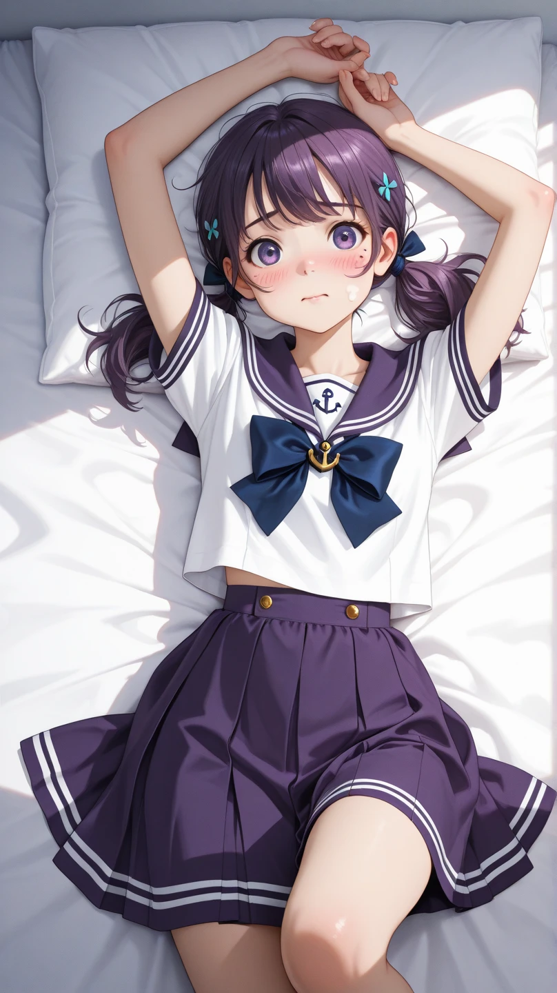 (high quality), (masterpiece), (Very detailed), girl, (Very small breasts), Short brown hair, Purple eyes, Embarrassed face, (elementary school loli), Show off your thighs, In the schoolyard, sunny, Camera angle from below, Adorable eyes, (School uniform),naked、nude、sporty、Genitalia emphasis、Lying in bed、Spread your legs、Dark Room、nude、Lying on your back、Lie completely、Long socks
