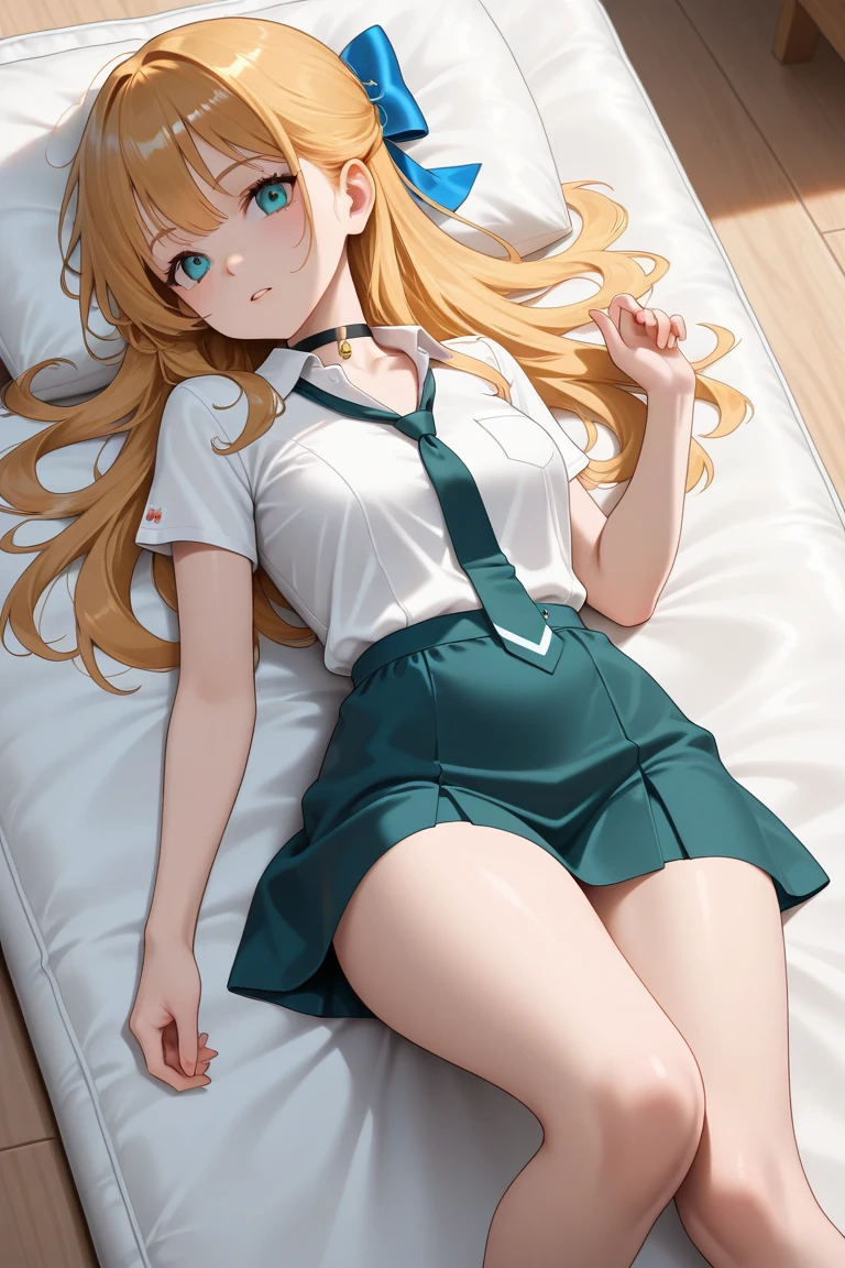 Masterpiece, Best Quality, Alone, (Young Woman), Solo, Blonde Long Straight Hair, Big, Dog Ears, (Golden Eyes), Pajamas with Green and White Stripes, Barefoot, (Red Cheeks), (Very Sleepy), Open Legs, ((Aomuke)), Lying, Looking Down from Above