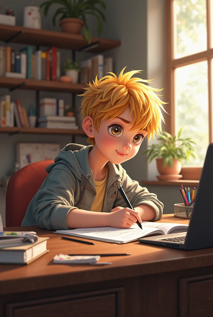 Picture of a blond boy studying at the desk 