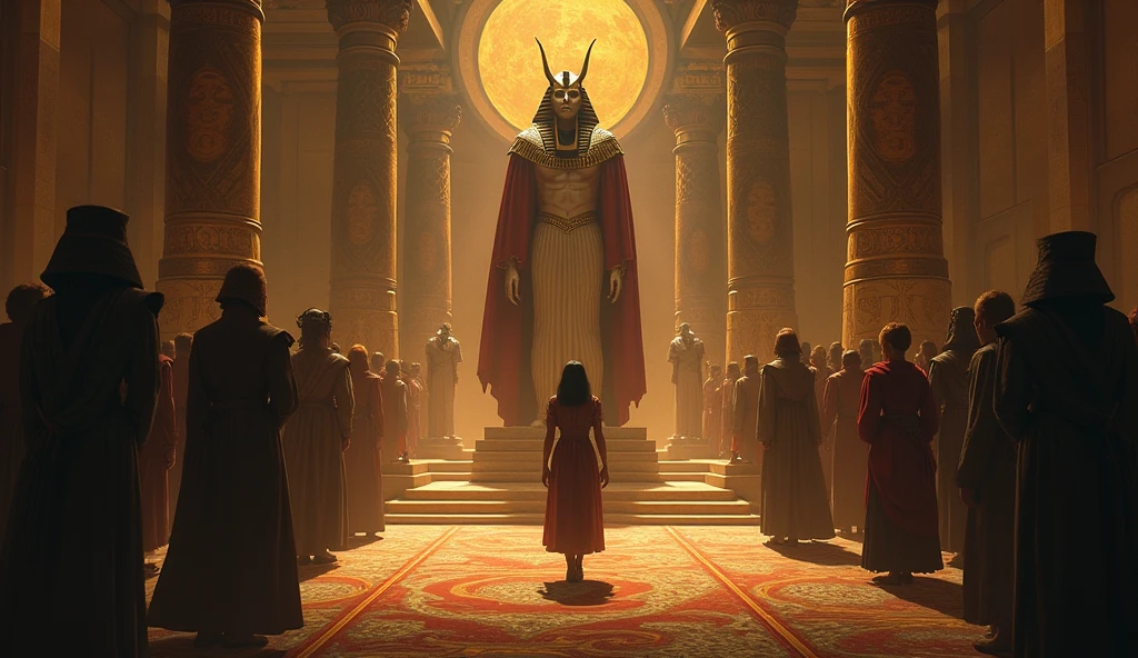 new A cinematic scene of ancient Egyptian mythology, featuring a serene temple with a statue of Bastet, depicted as a woman with a cat's head, symbolizing strength and protection.