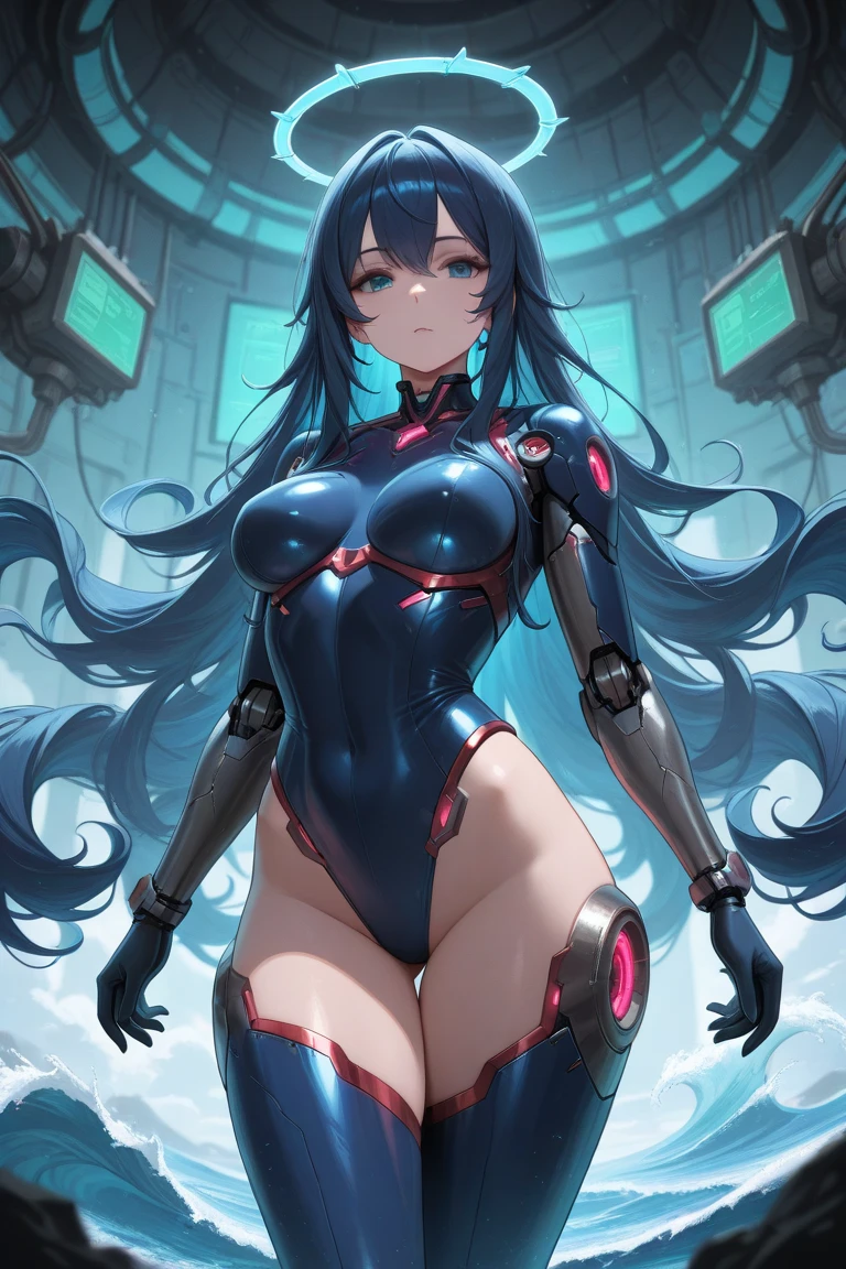 Busty anime girl posing in blue and red outfit, Biomechanical , BoobsCyberpunk, A mix of anime robots and organic matter, Mech Suit, Girl wearing mecha cyber armor, completely robot!! Cat girl, Female Mecha, Perfect anime cyborg woman, full body zenkai! Asuka Suit, full body Mech Suit, Female body type, Abdominal muscles