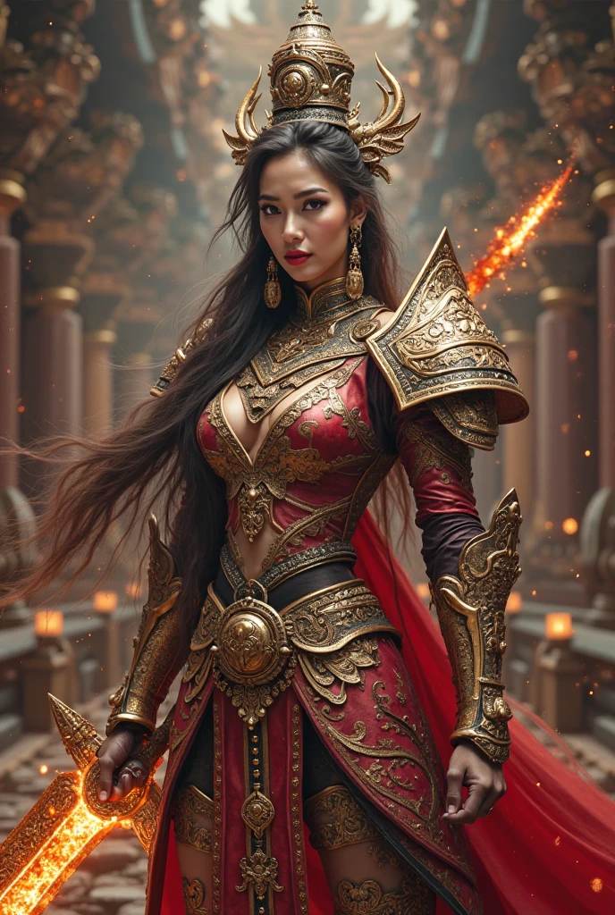 Ultra-realistic photo of a powerful big-breast fantasy beautiful Thai female full-armored mage with long hair,evil sly smile,wearing highly detailed red and gold Royal-Thai pattern with metallic gold textures and weathered surface armored, ** ancient Thai warrior hat**, right hand holding a long gigantic royal Thai pattern-style glowing energy broad-sword , left fist to a camera ,cinematic lighting, sharp focus, shallow depth of field, high dynamic range, soft shadows, realistic materials, photo taken in a studio with fantasy heaven city background, 85mm lens, f/1.4, ISO 100, 8K photo