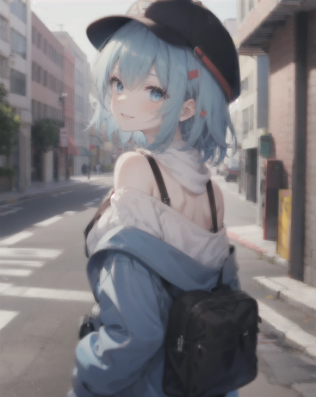 1 girl, solo, blue hair, curly hair, blue eyes, looking at the audience, beanie, lips, upper body, shirt, earrings, tears raining down, kneeling, painful expression, street, crowds, short black skirt, white liquid on the face