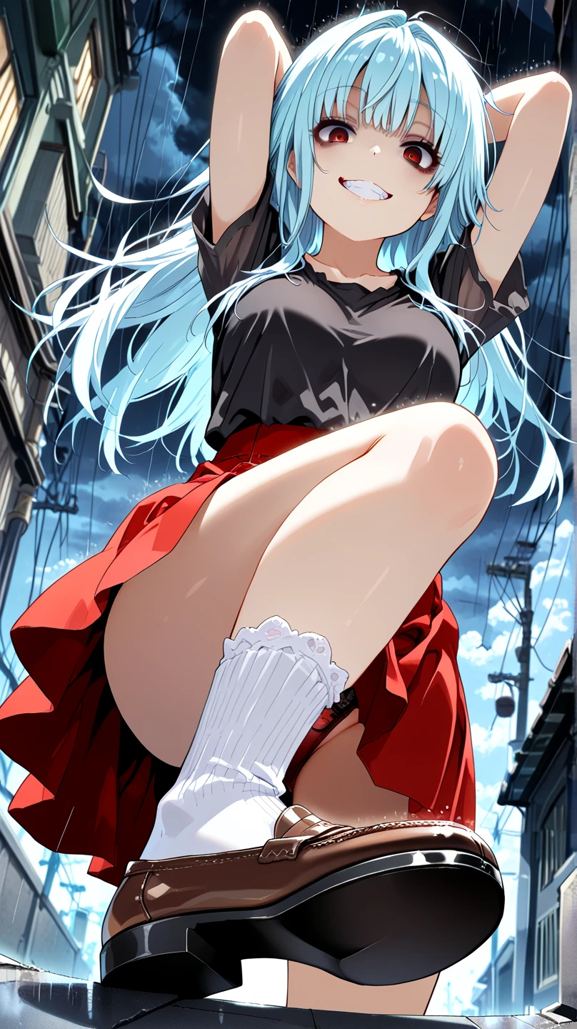 nsfw, in daytime countryside, (blowing hard wind), 1girl, from below, (light blue hair, long hair, ahoge), surprised face, blush, white skin, (frilled pure white casual dress), large breasts, (pantie shot, white lace pantie), roll up skirt,