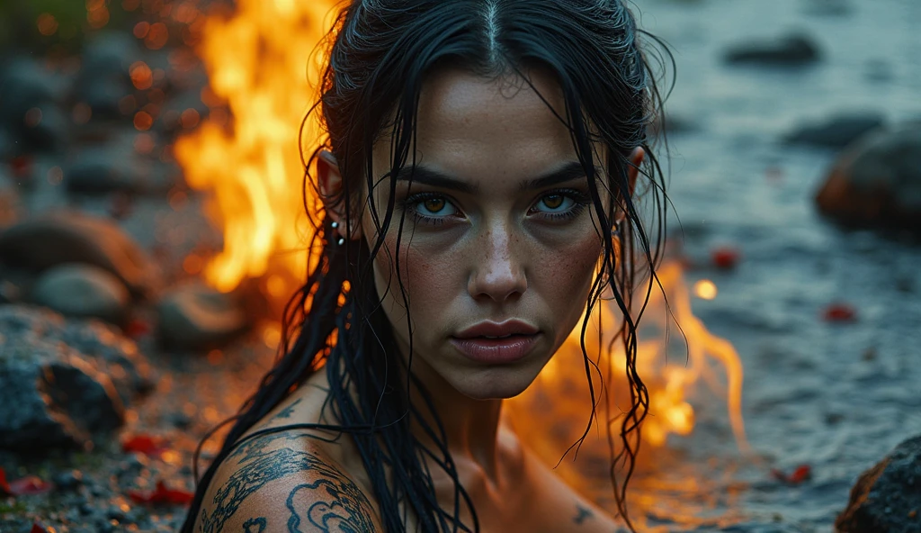 A dirty wet woman with messy hair, camera above, dramatic scene, a woman in a burning field with a fire in the background of the water, skin and hair, high-detail skin, 4k, movie, cinematic