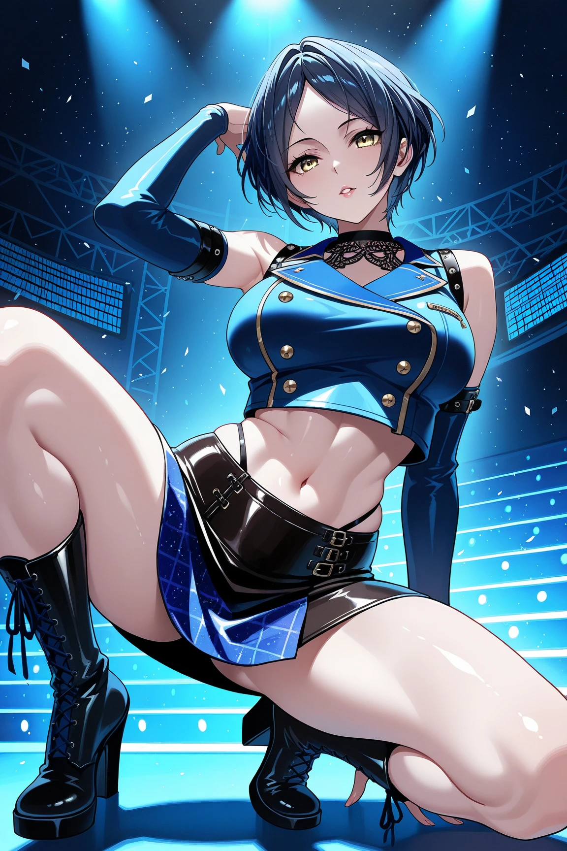 Blue,White,group shot:1.7,baseball stadium,Panty drop:1.5,Clothing with tiger printed on it,tubetops,Underboobs,ponytail,cheerleader, stadium, team spirit, pom-poms, enthusiastic, energetic, crowd, uniform, sports event, cheering, colorful, dynamic pose, happy, vibrant, teamwork, celebration, night game, lights, action