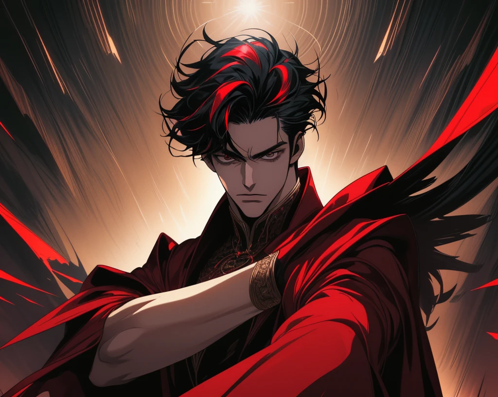 high resolution, anatomically correct, accurate, high quality model, quality, highly detailed, ultra high resolution, textured fabric, beautiful skin, beautiful eyes, dynamic angles, dynamic pose, dramatic background, dramatic presentation, cinematic lighting, cinematic angles, soft light, vibrant colors, intricate colors, 8K, detailed textures, breathtaking, so beautiful it could come to life at any moment, anime style, first person perspective, trick art (one handsome man) one man, black hair, red highlights, handsome, one arm outstretched towards the viewer, making eye contact with the viewer, (clothing) the luxurious costume of a demon king, crimson cloak with black feathers (background) black rectangle within a white rectangle (composition) top view composition, one arm outstretched from within a black square, fingers not visible