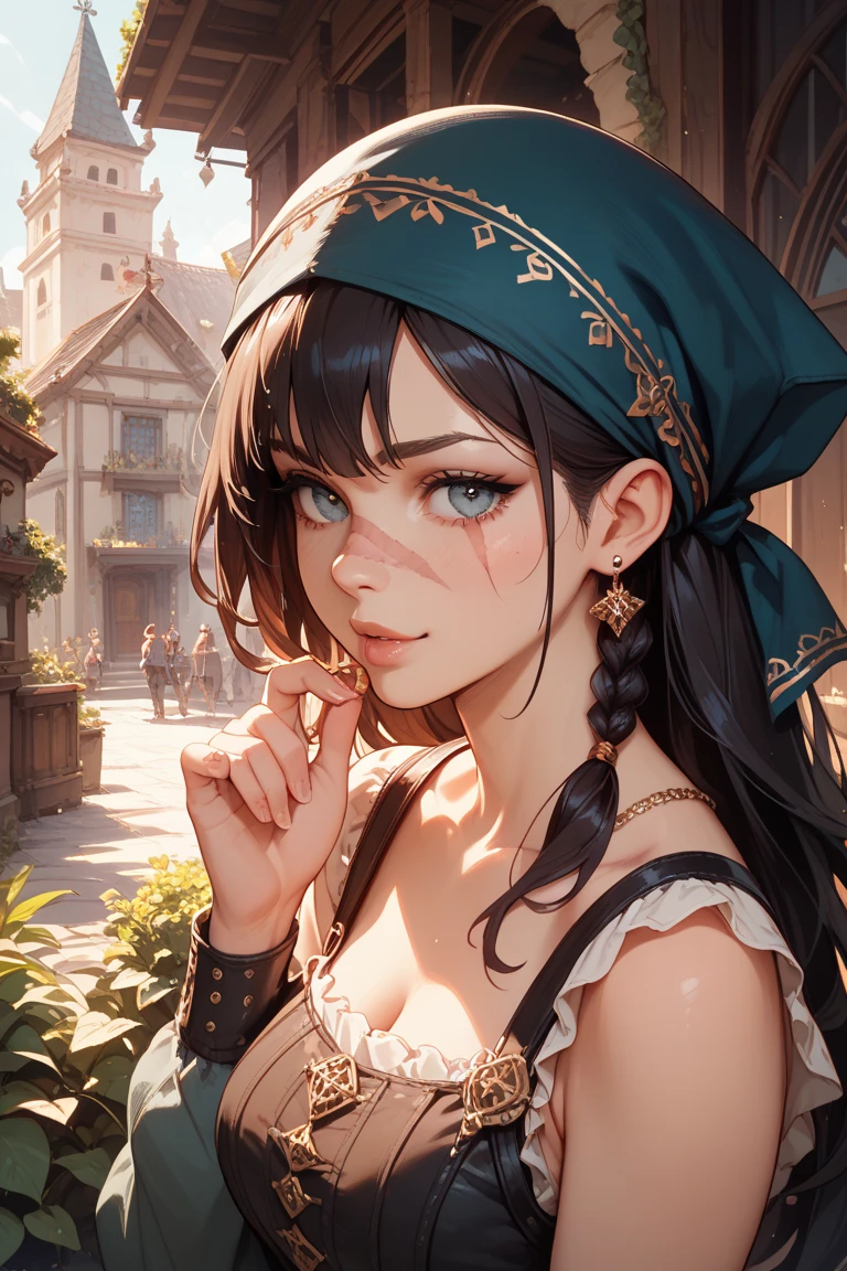 A dark-haired girl wearing a lentigo headscarf with a scar on her face