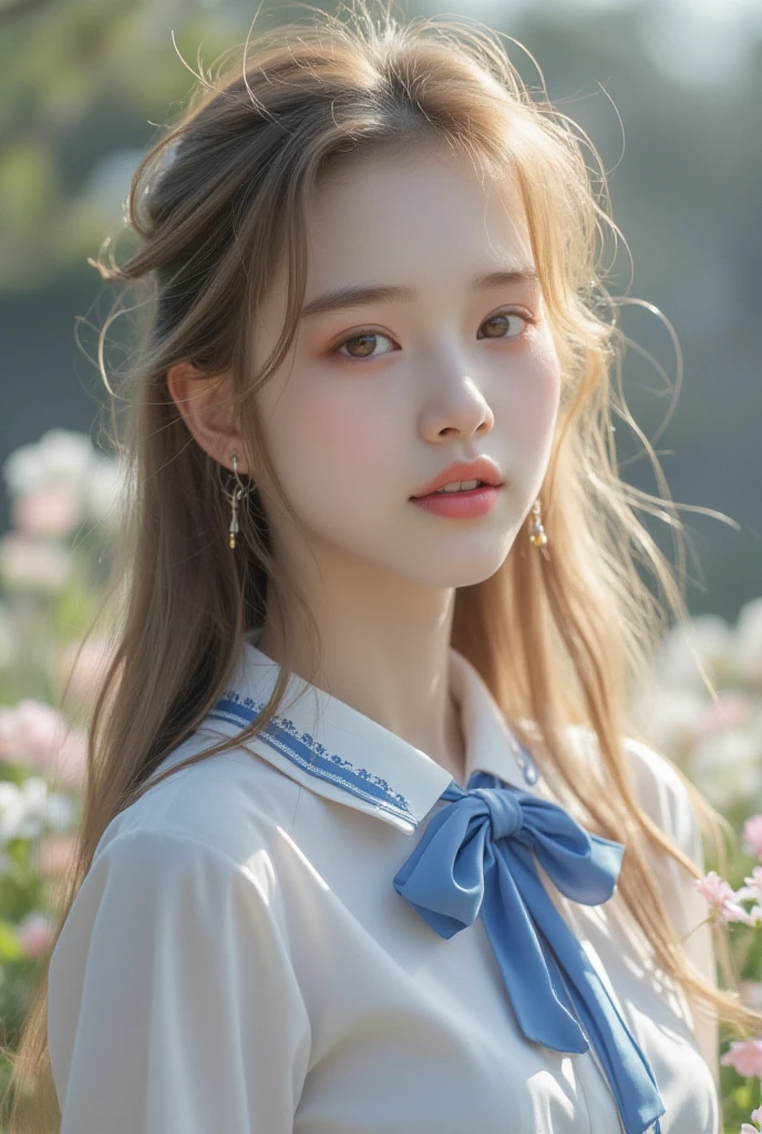 1 beautiful girl, Thai Convent school dress ,Tie a blue bow at the collar of the student's shirt.,hair long to mid-back,golden hair,Thai Girl,Age 20 years,full body photo,bukeh